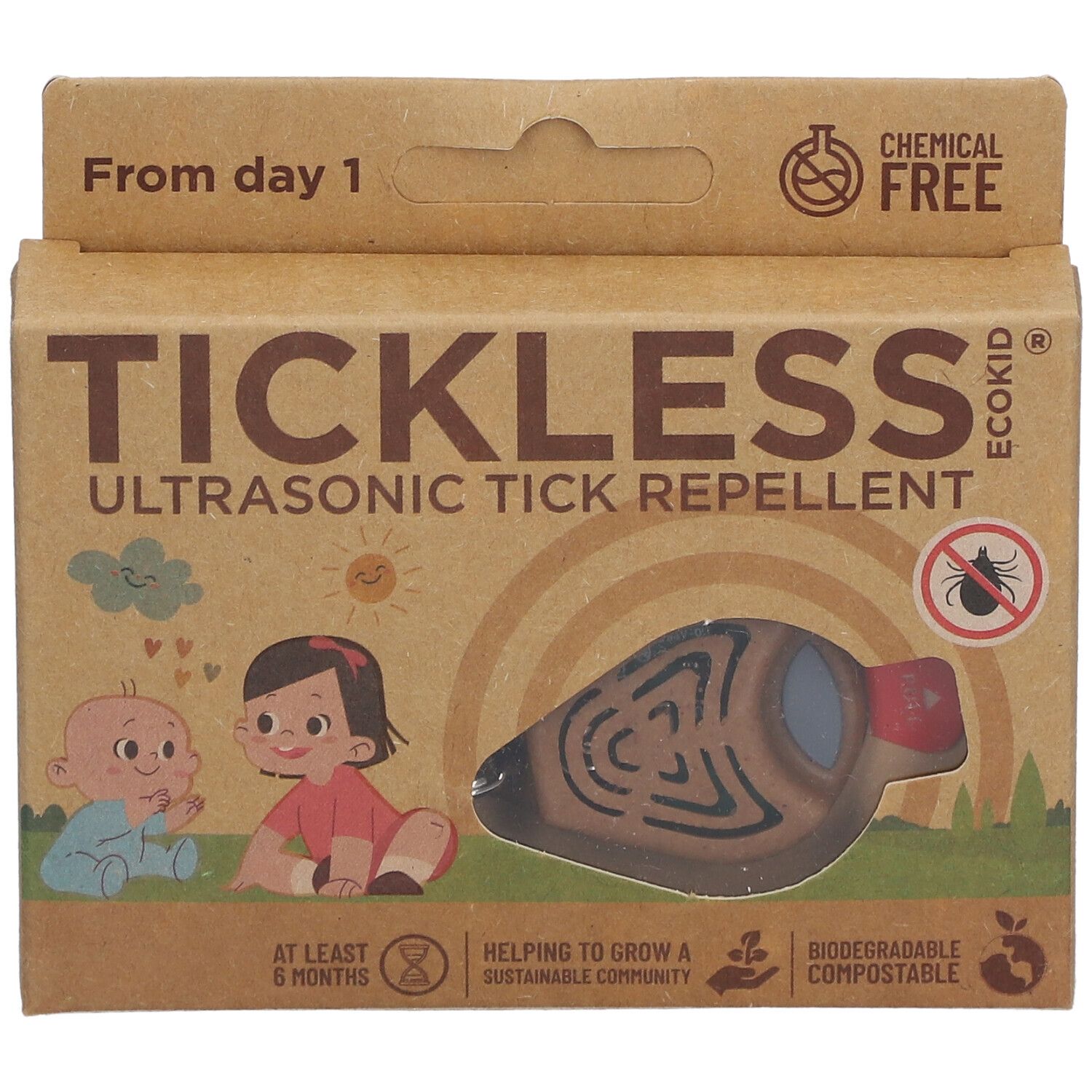 Emballage en carton Tickless Ecokid. Inscriptions : Tickless, répulsif à tiques ultrasonique. Illustrations d'enfants. Produit visible.