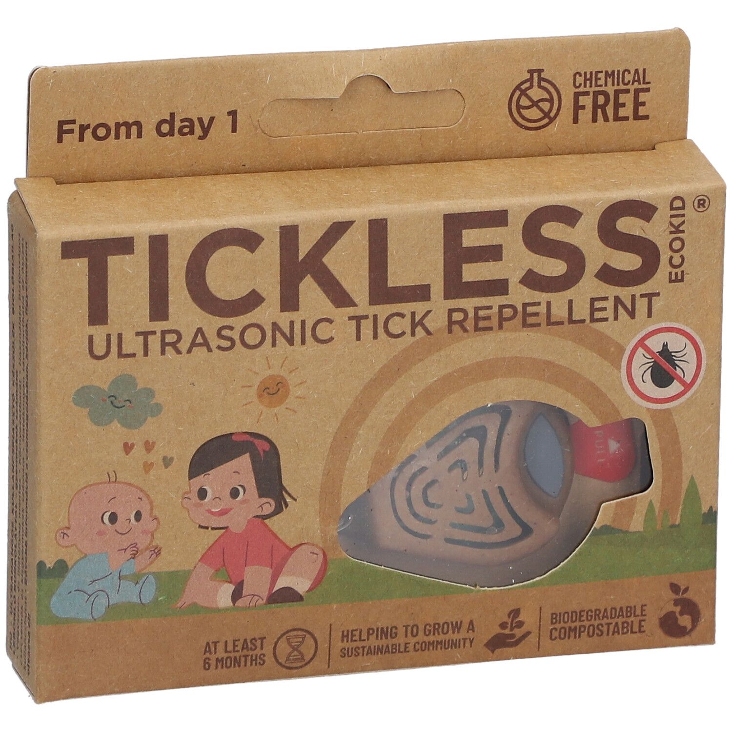 Emballage en carton Tickless Ecokid. Inscriptions : Tickless, répulsif à tiques ultrasonique. Illustrations d'enfants. Produit visible.