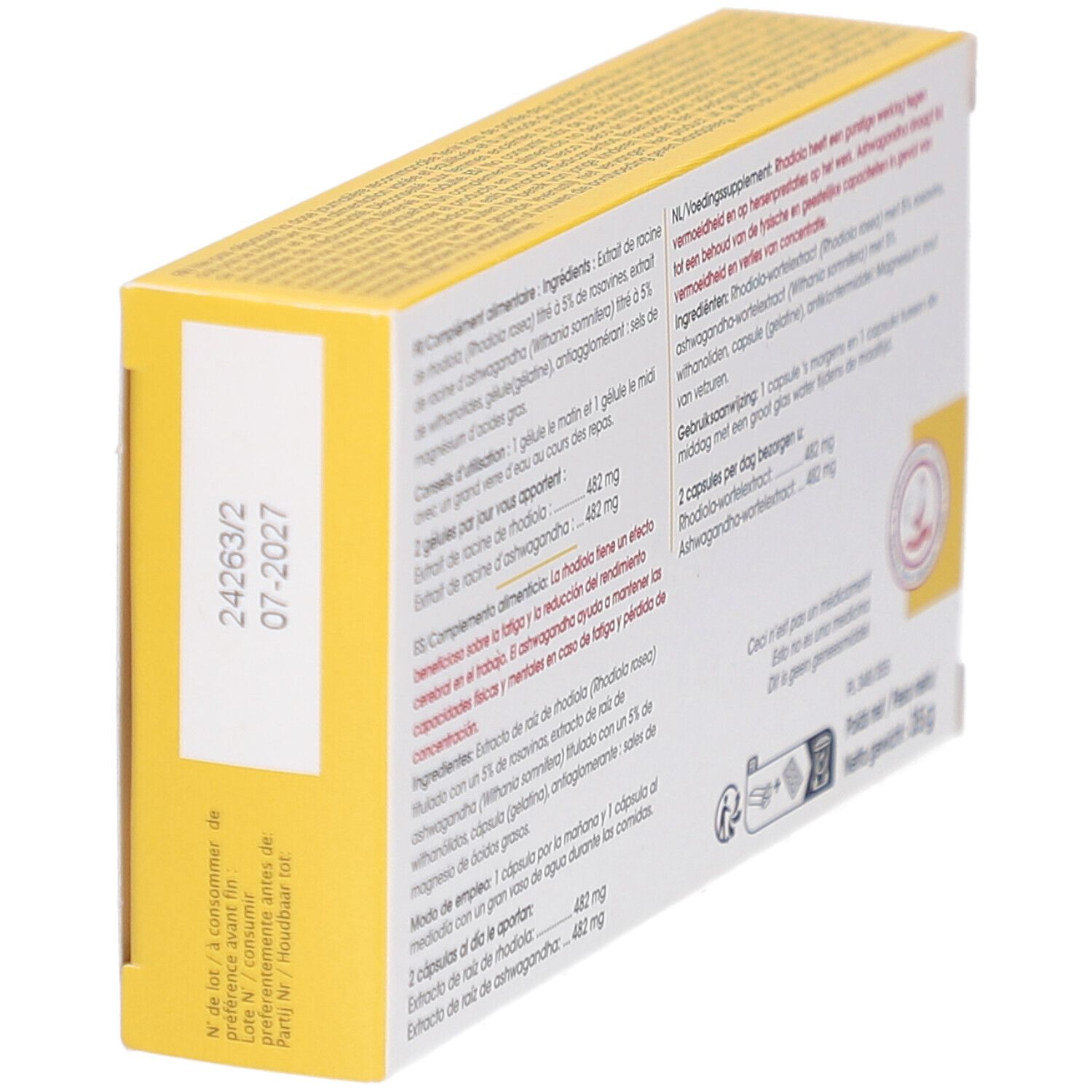 Dos de la boîte jaune. Texte avec ingrédients et instructions. Date de péremption.