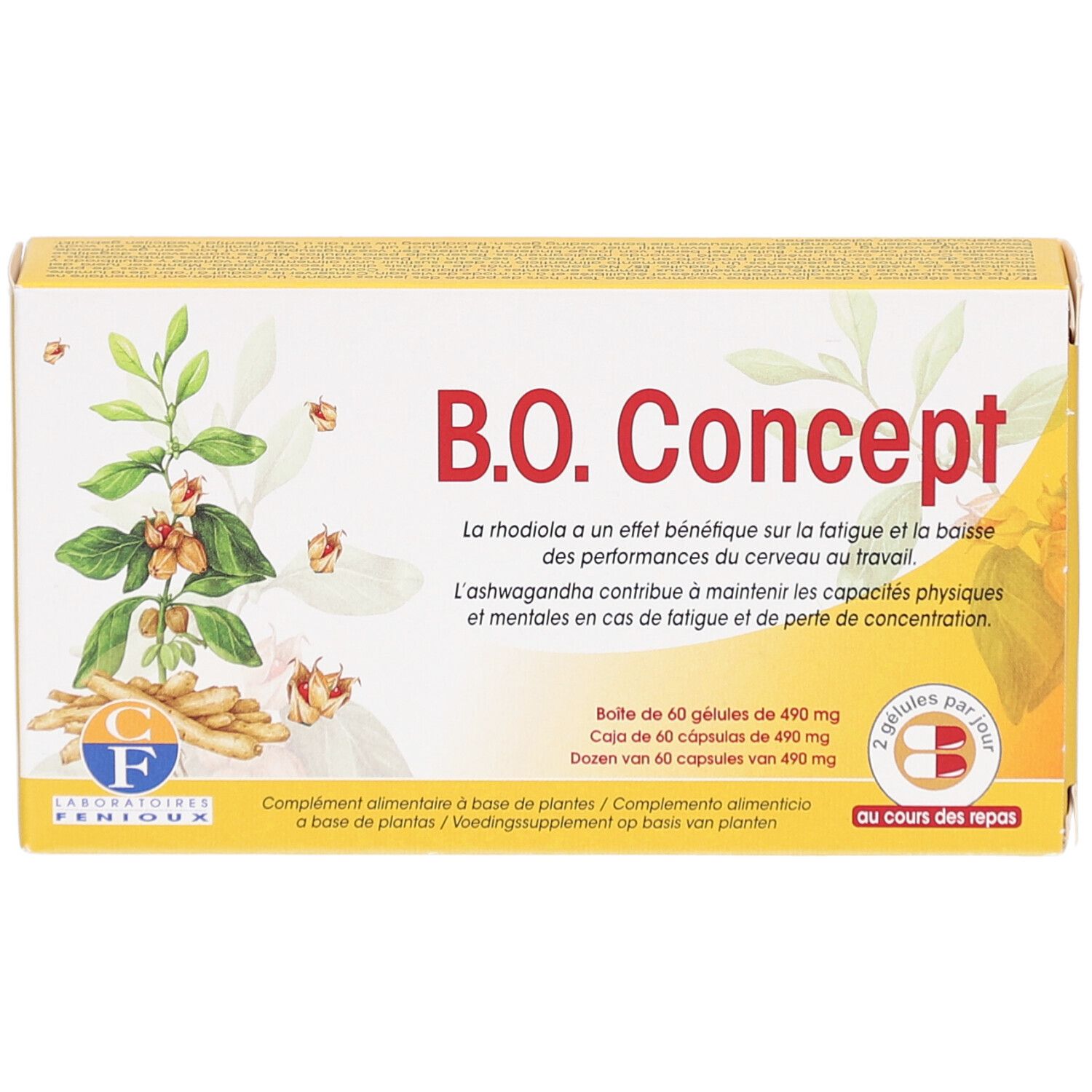 Boîte jaune B.O. Concept. Contient 60 gélules. Illustration de plantes et logo.