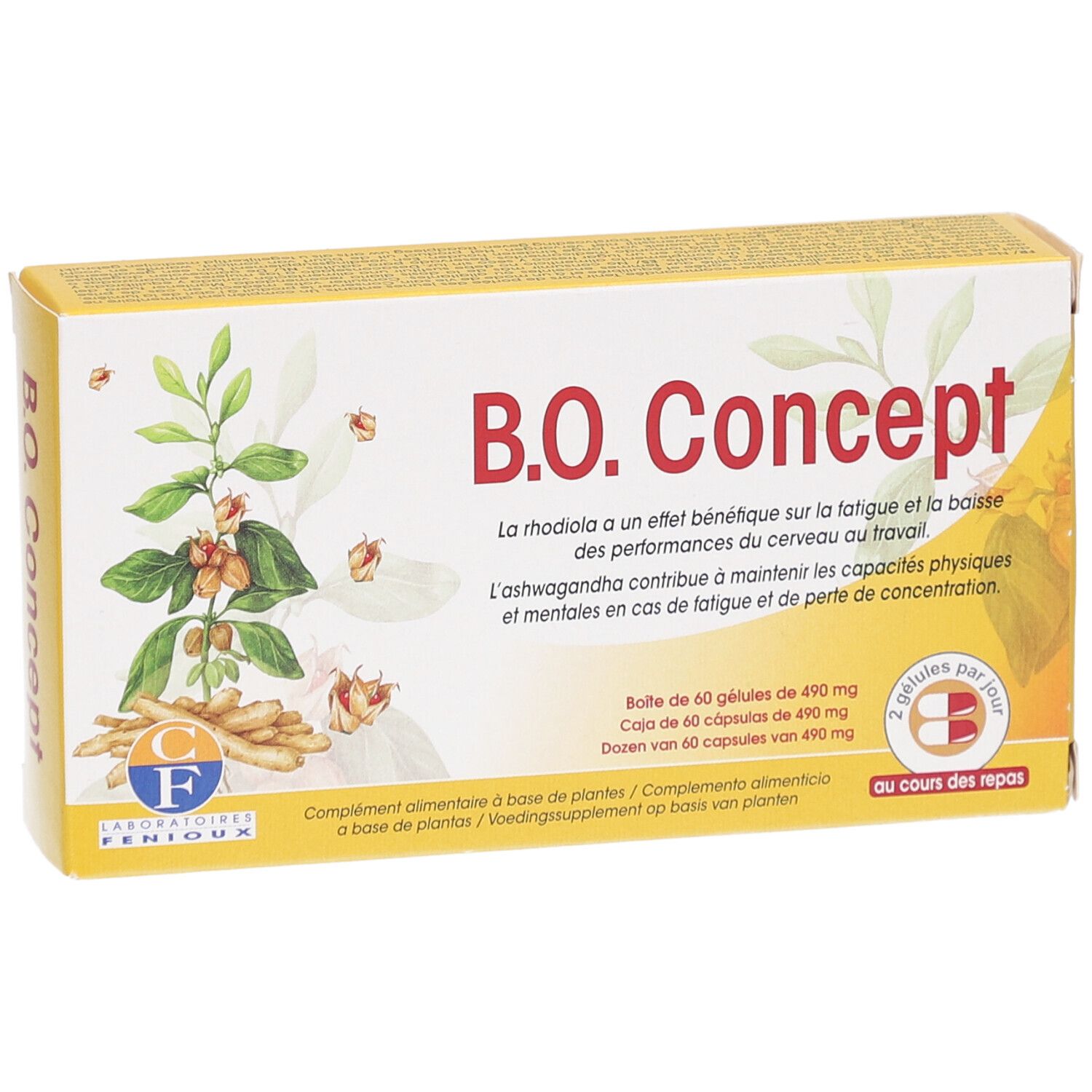Boîte jaune B.O. Concept. Contient 60 gélules. Illustration de plantes et logo.
