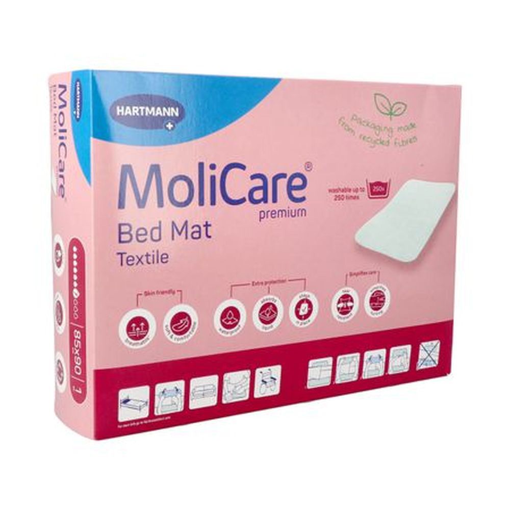 Hartmann MoliCare Premium Bed Mat Textile. Emballage avec informations produit. Taille 85x90cm. Avec ailettes. 1 pièce.