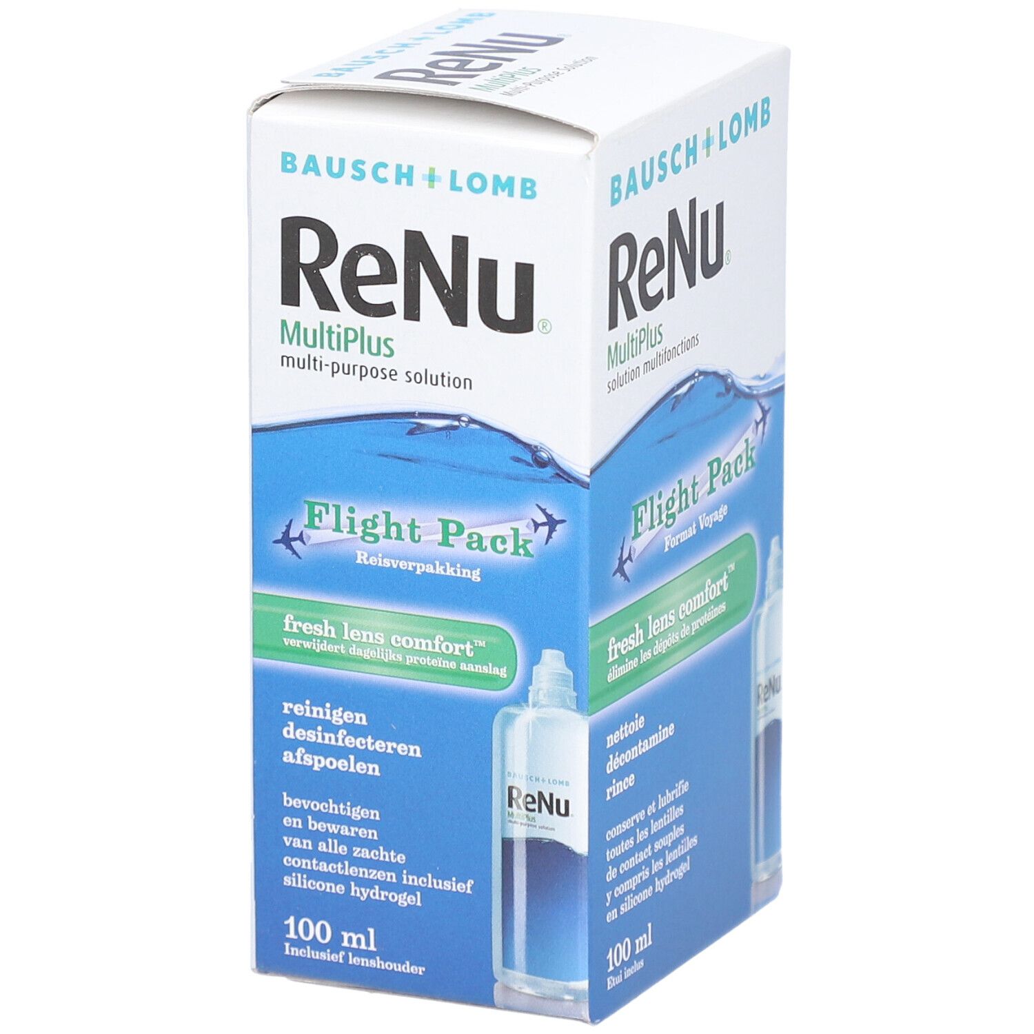 Emballage ReNu MultiPlus Flight Pack. Contient 100 ml. Logo Bausch + Lomb et nom du produit.