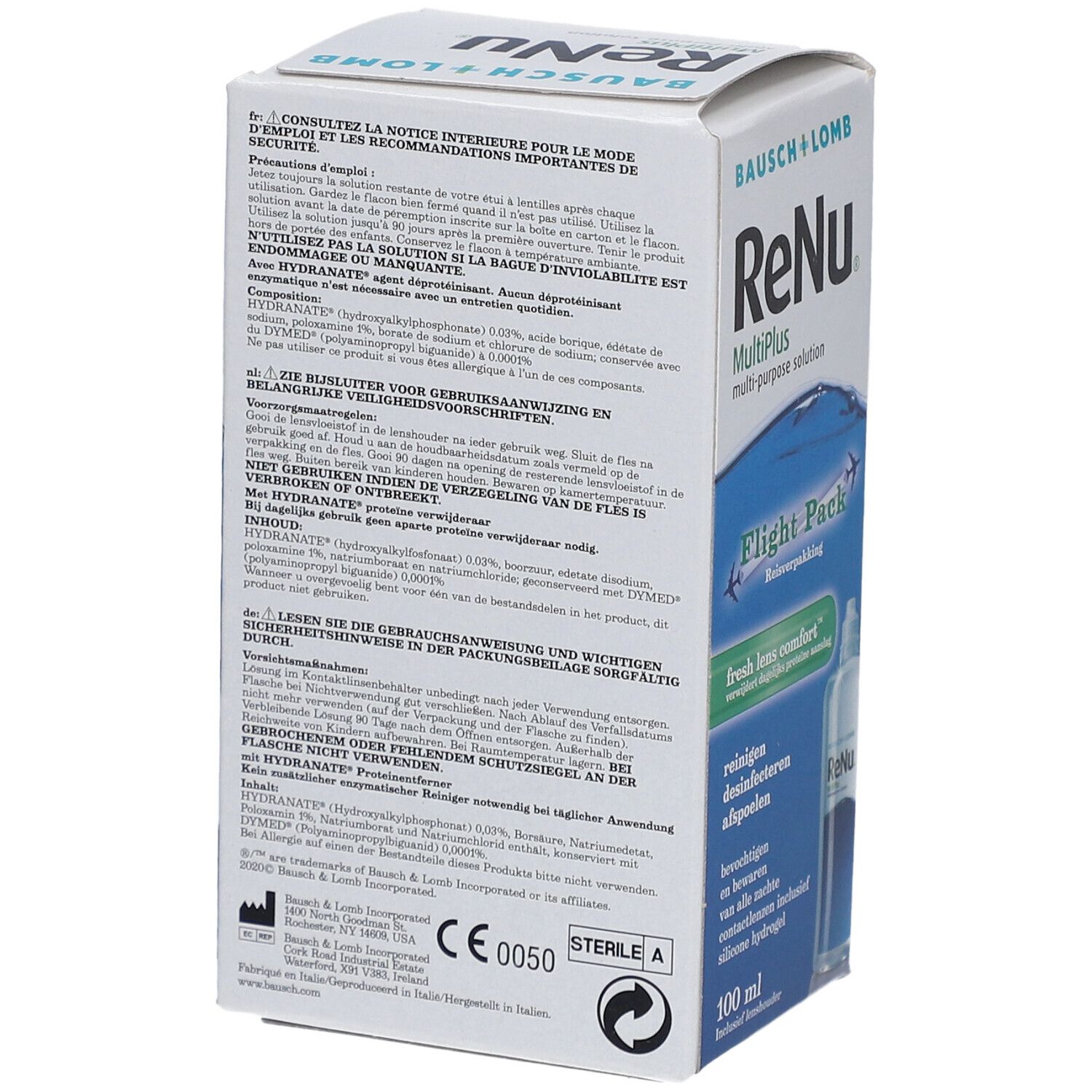 Dos de l'emballage ReNu MultiPlus. Texte multilingue. Marquage CE.