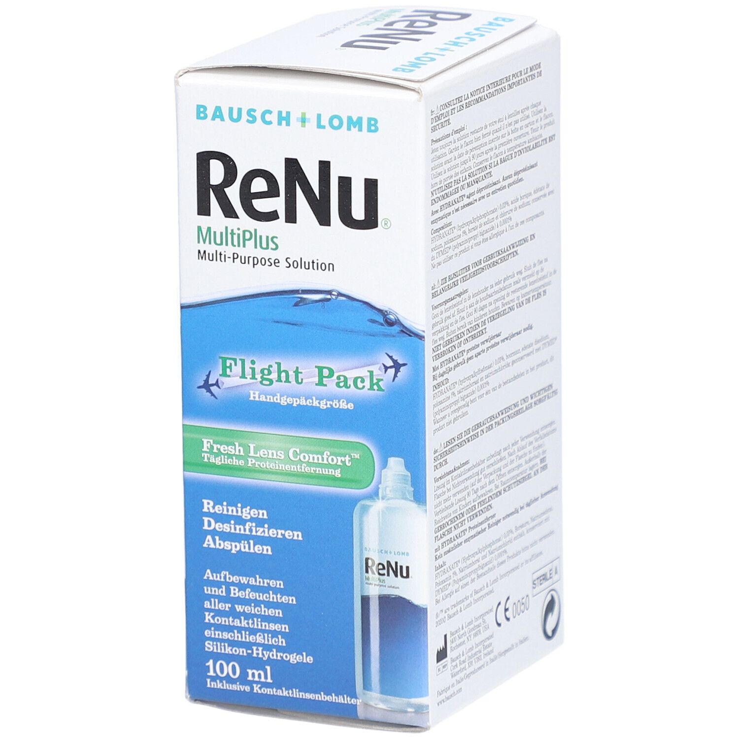 Emballage ReNu MultiPlus Flight Pack. Contient 100 ml. Logo Bausch + Lomb et nom du produit.