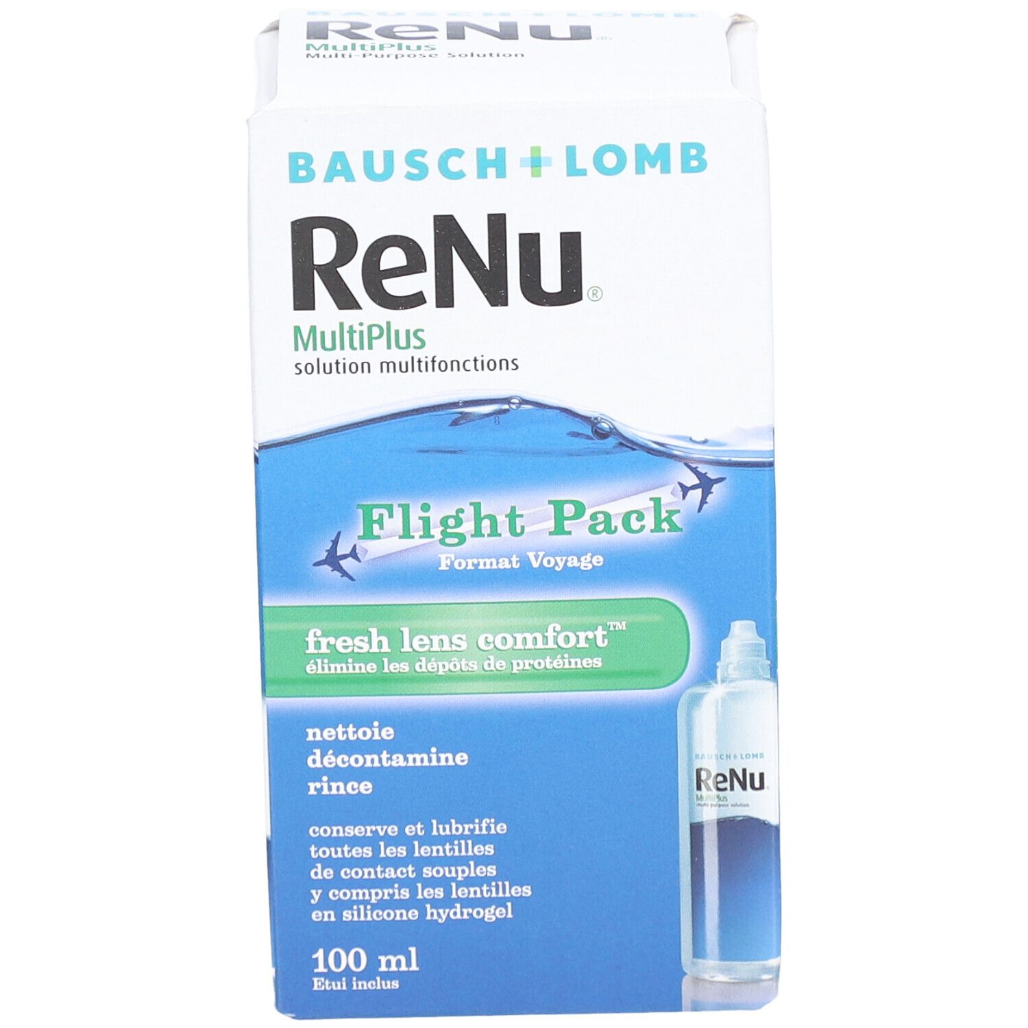 Emballage ReNu MultiPlus Flight Pack. Contient 100 ml. Logo Bausch + Lomb et nom du produit.