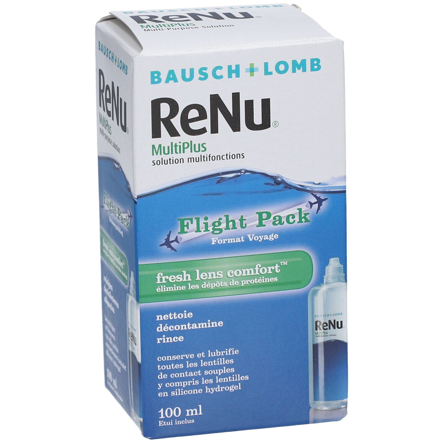 Emballage ReNu MultiPlus Flight Pack. Contient 100 ml. Logo Bausch + Lomb et nom du produit.