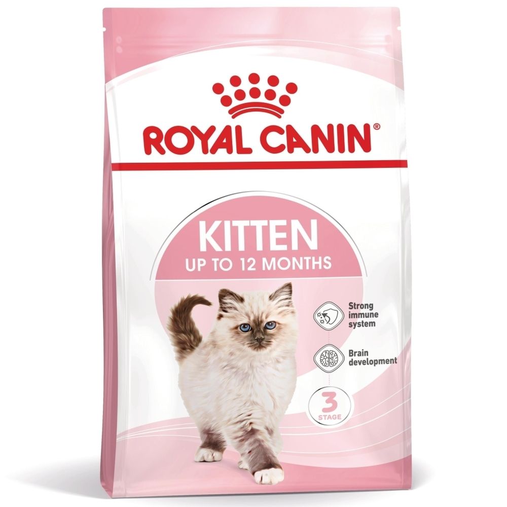Sac de nourriture Royal Canin Kitten, 10kg. Emballage rose et blanc avec une image de chaton.