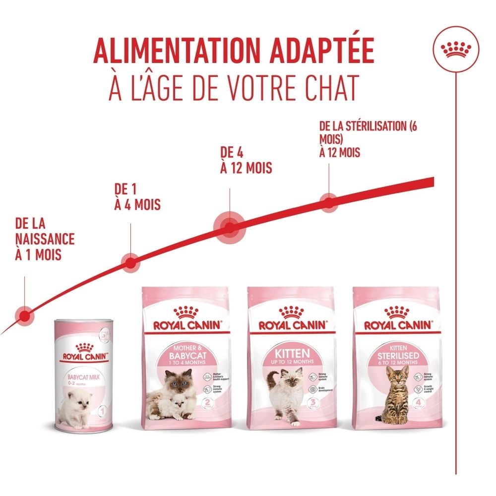 Nourriture Royal Canin Kitten. Combinaison de nourriture sèche et humide pour chats, avec un sac de croquettes et une coupelle de nourriture humide.