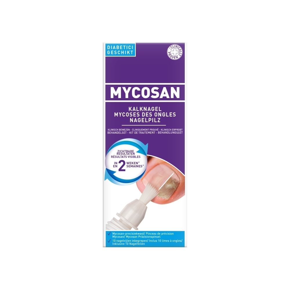 Emballage Mycosan. Traitement des mycoses des ongles. Résultats visibles en 2 semaines. Diabétiques. Cliniquement prouvé.
