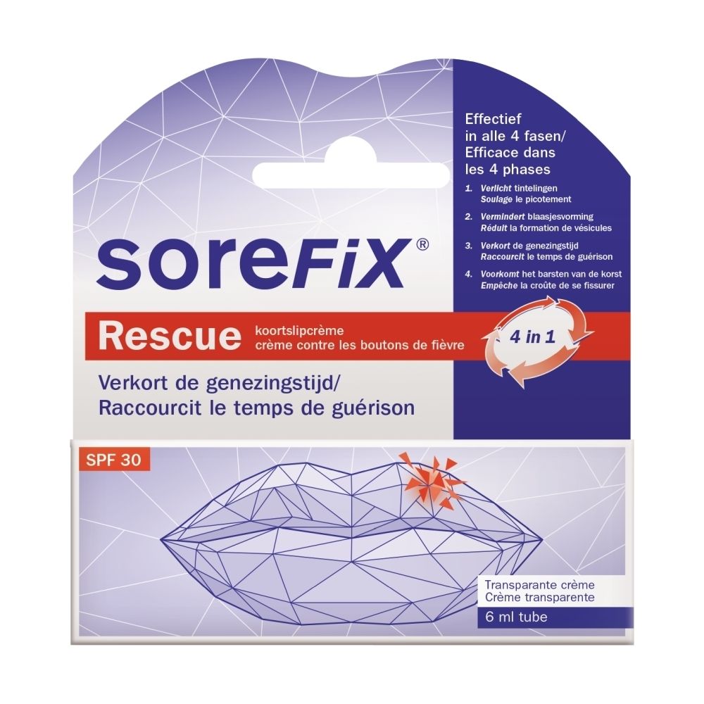 SoreFix Rescue, crème pour les lèvres, tube de 6 ml. SPF 30. Emballage avec image du produit.