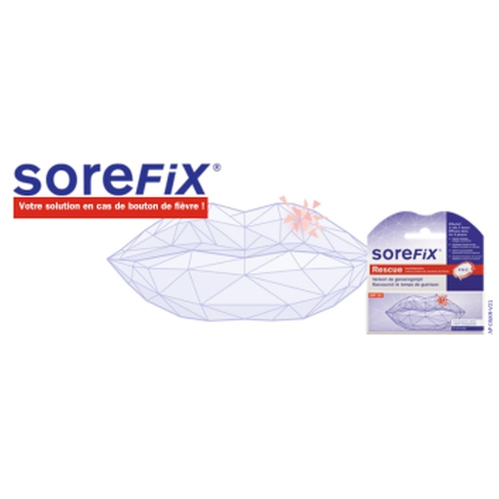 Logo SoreFix et image du produit. Petit produit SoreFix Rescue. Texte : Votre solution pour l'herpès labial.