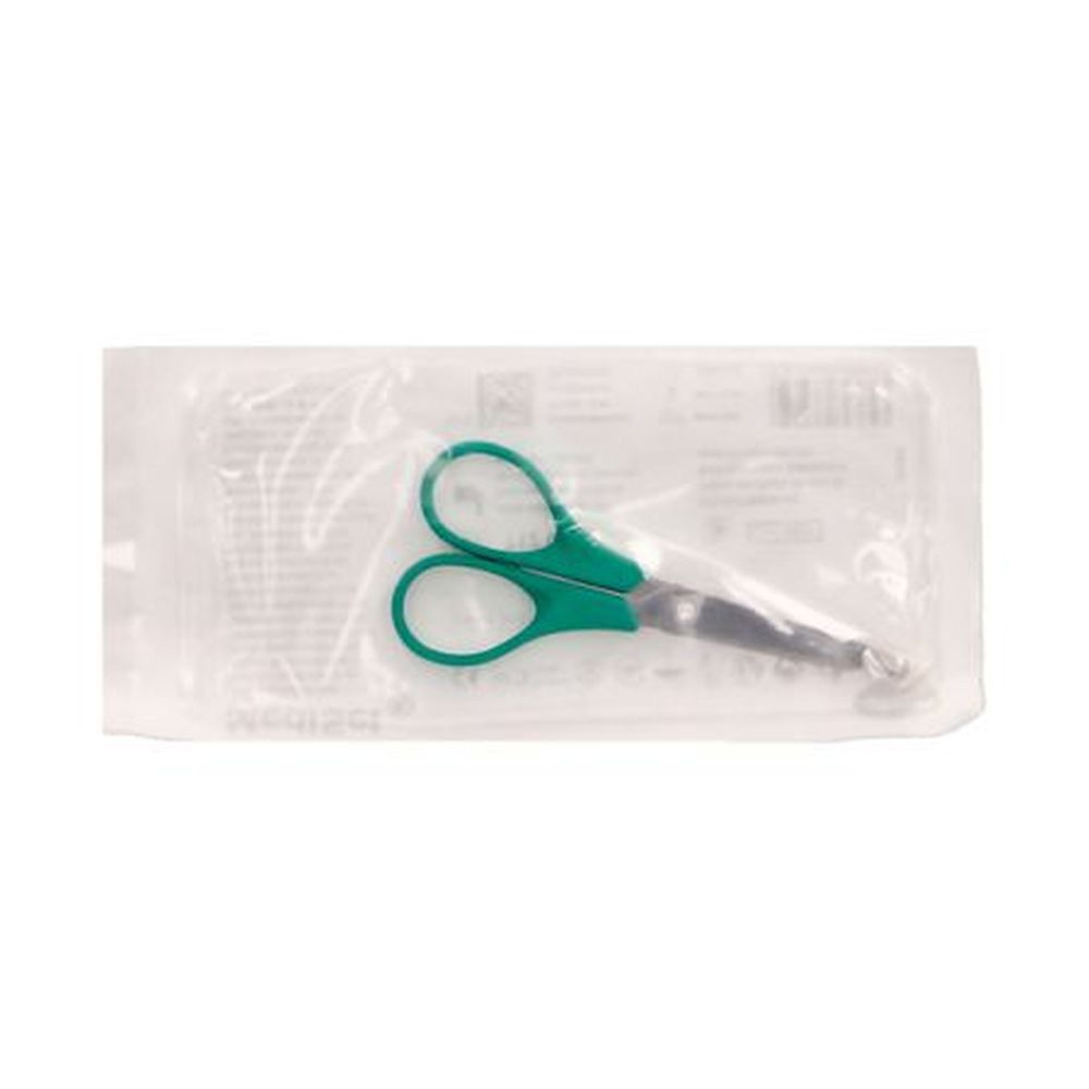 Ciseaux médicaux, 12 cm, en emballage stérile. Poignées vertes, pointes arrondies. Visible dans un film transparent.