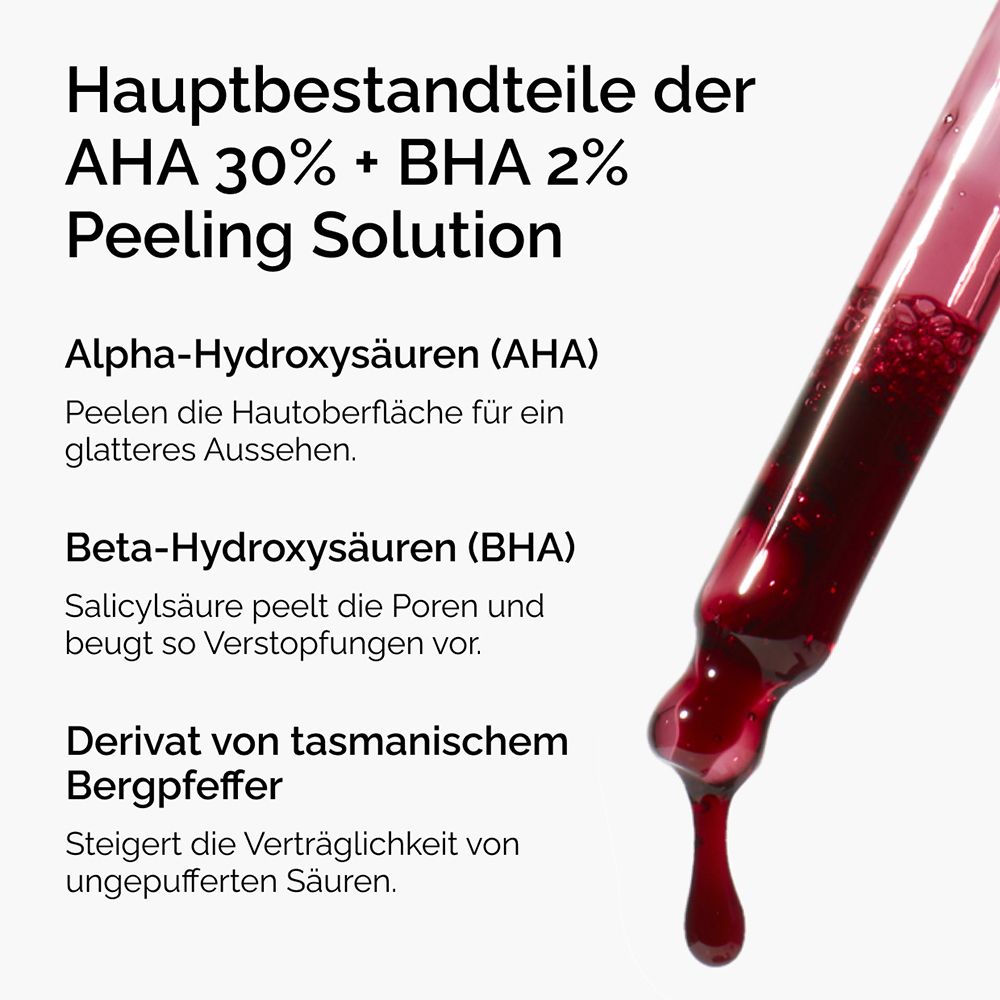 Gros plan d'une pipette avec du liquide rouge. Texte: AHA, BHA, dérivé du poivre de Tasmanie.