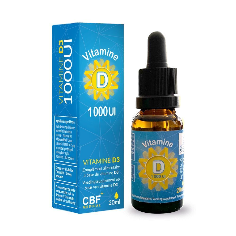 Emballage et flacon. L'emballage indique "Vitamine D 1000 UI".