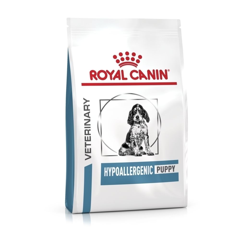 Avant d'un sac de nourriture Royal Canin Veterinary Hypoallergenic Puppy avec illustration de chiot.