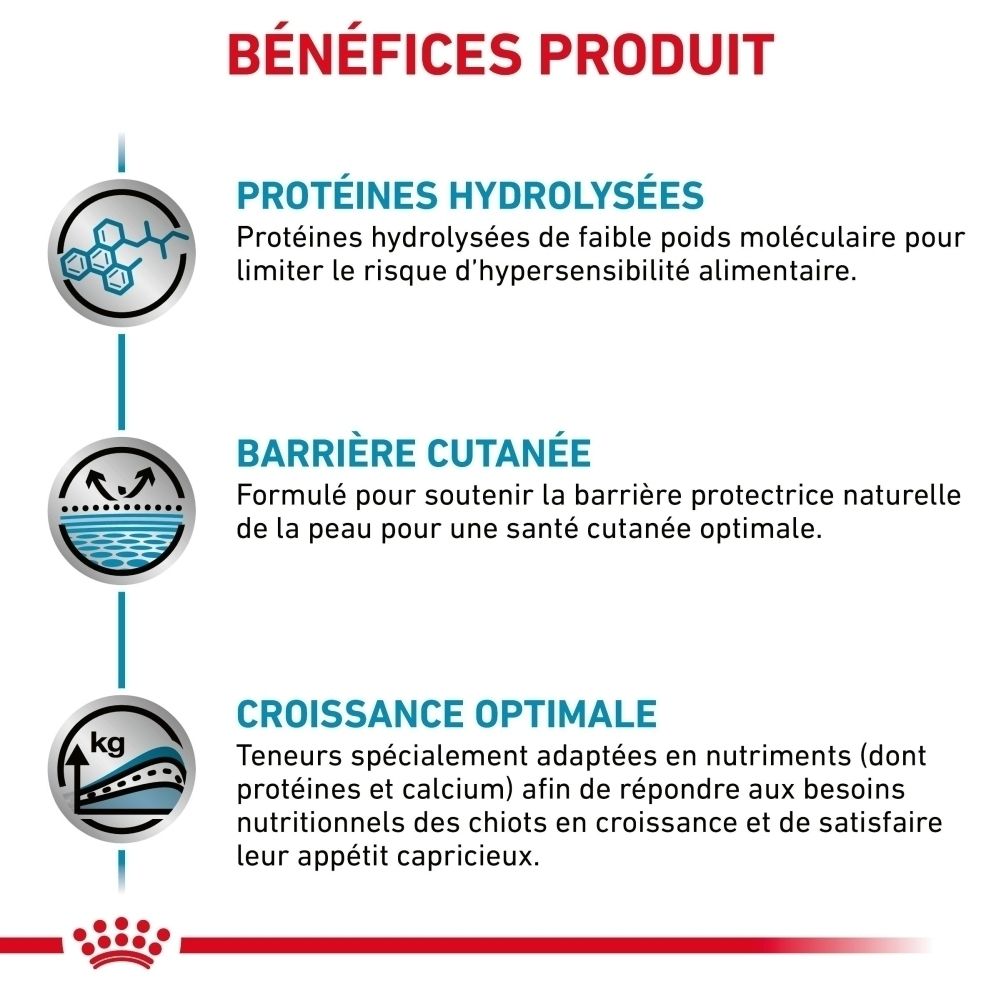 Avantages du produit Royal Canin Hypoallergenic Puppy : protéines hydrolysées, barrière cutanée, croissance optimale.