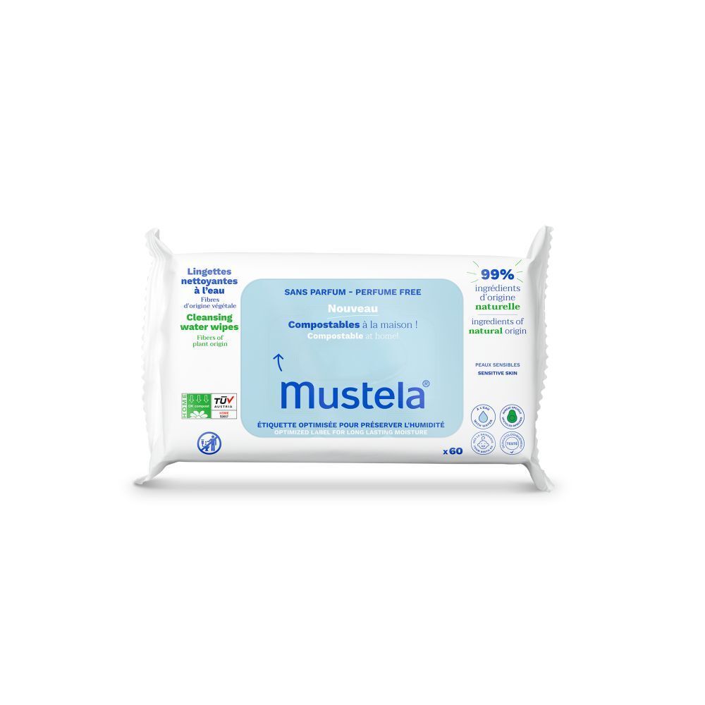 Paquet de lingettes Mustela sans parfum. Emballage blanc avec texte bleu. Contient 60 lingettes. Inscriptions : "Sans parfum", "99% ingrédients d'origine naturelle".