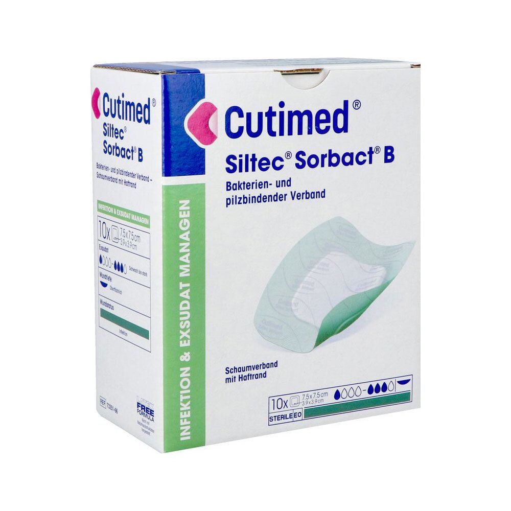 Boîte de Cutimed Siltec Sorbact B. Pansement en mousse avec bord adhésif. 10 unités, 7,5x7,5cm. Stérile.