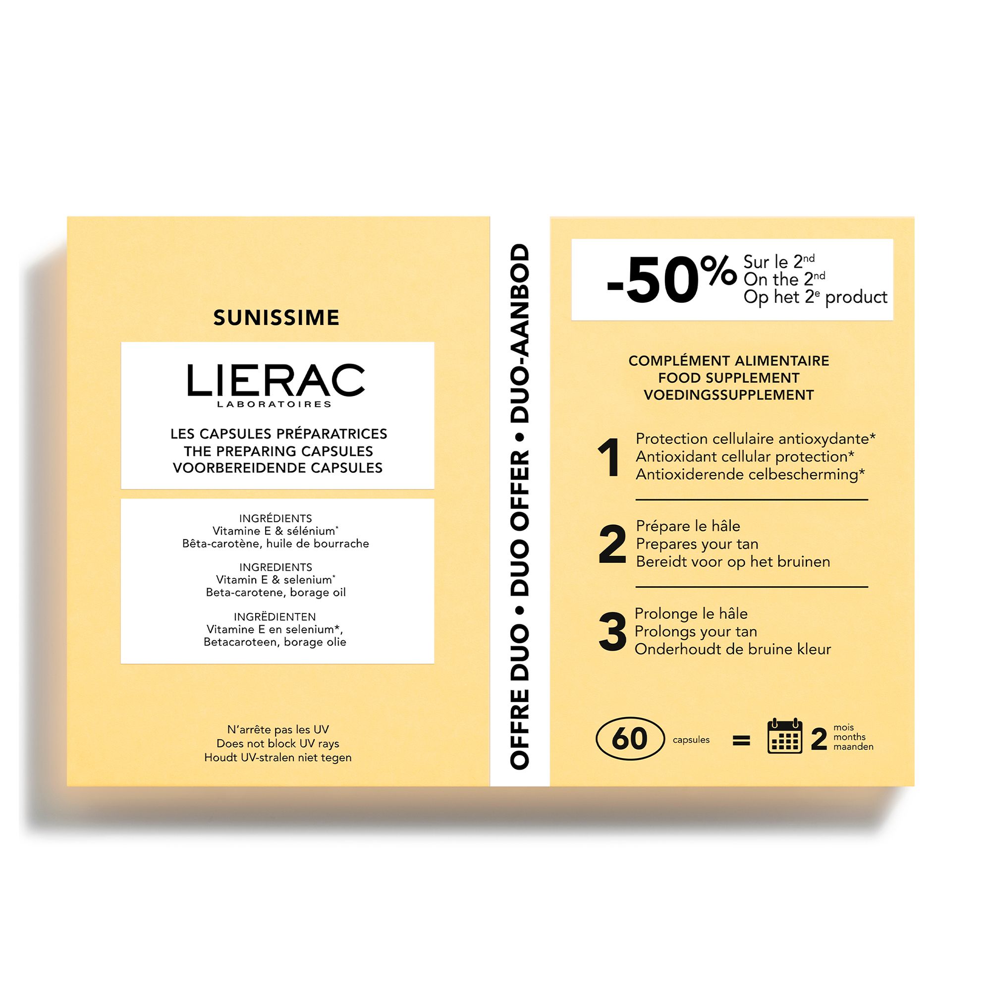 Boîte duo jaune de gélules. Inscription Sunissime, Lierac. Contient 60 gélules. Offre : -50% sur le 2ème produit.