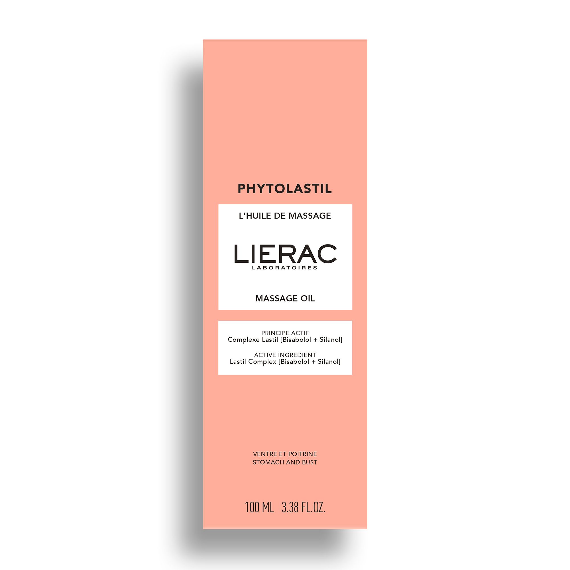 Emballage rose. Texte : Lierac, Phytolastil, Huile de massage. Vue de face.