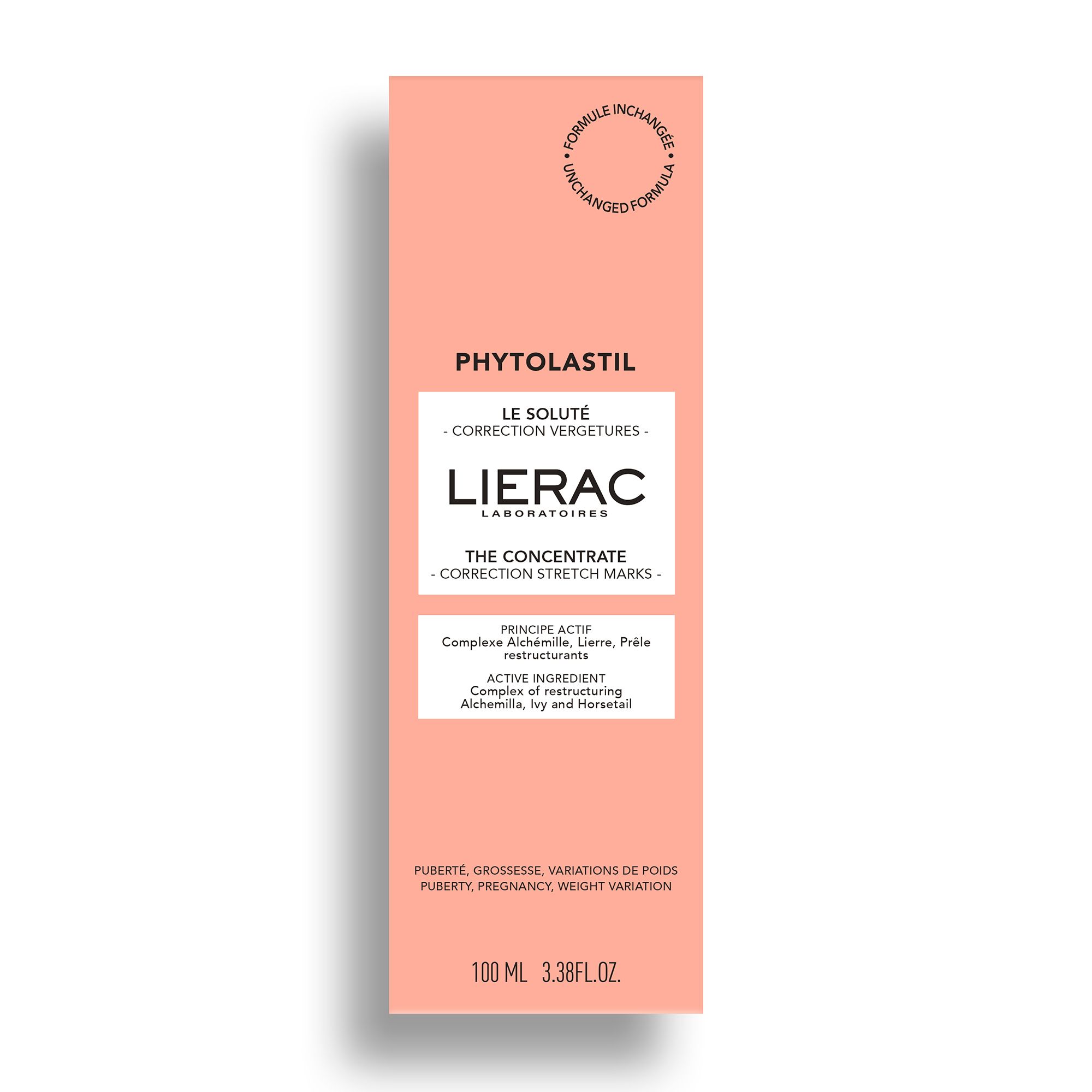 Emballage rose avec image du flacon. Inscription: Lierac, Phytolastil, Le Soluté. 100 ml.