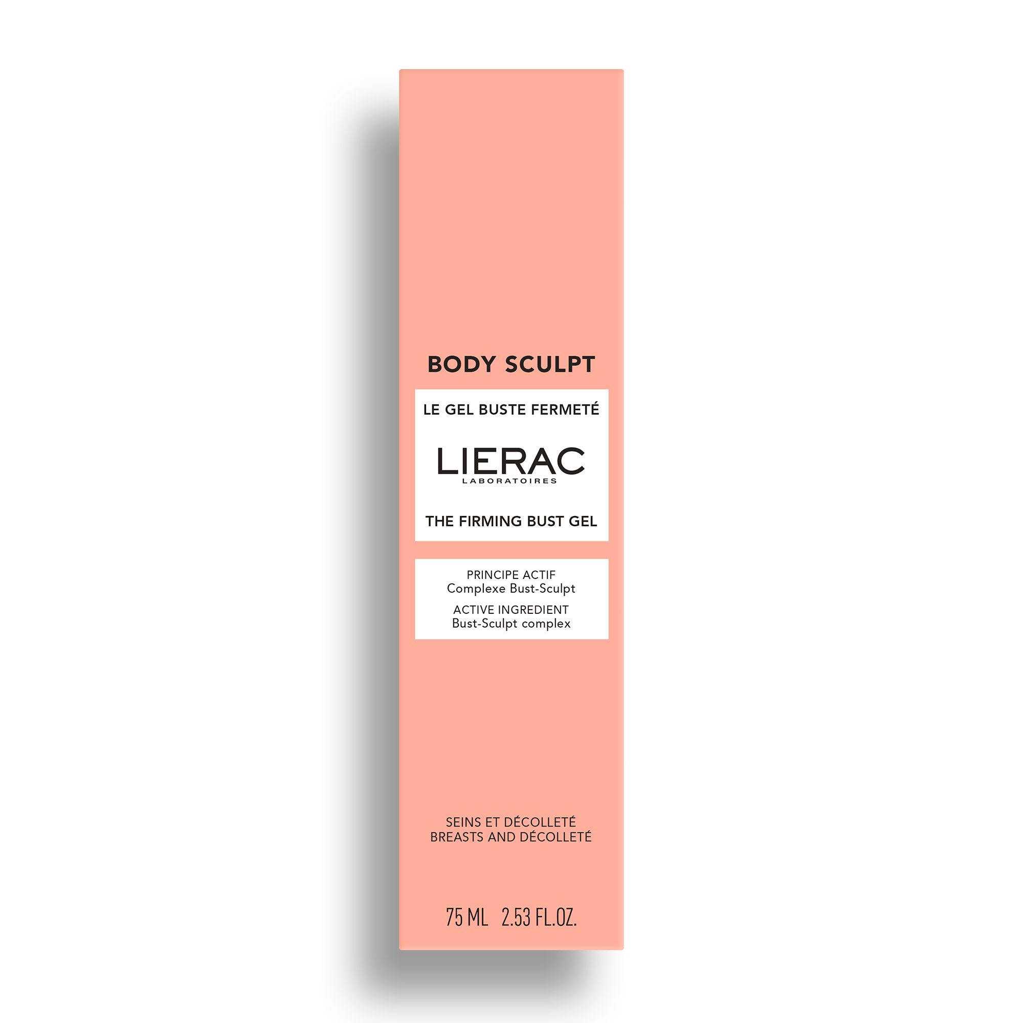 Boîte rose. Inscription: BODY SCULPT, LIERAC, THE FIRMING BUST GEL, 75 ml.