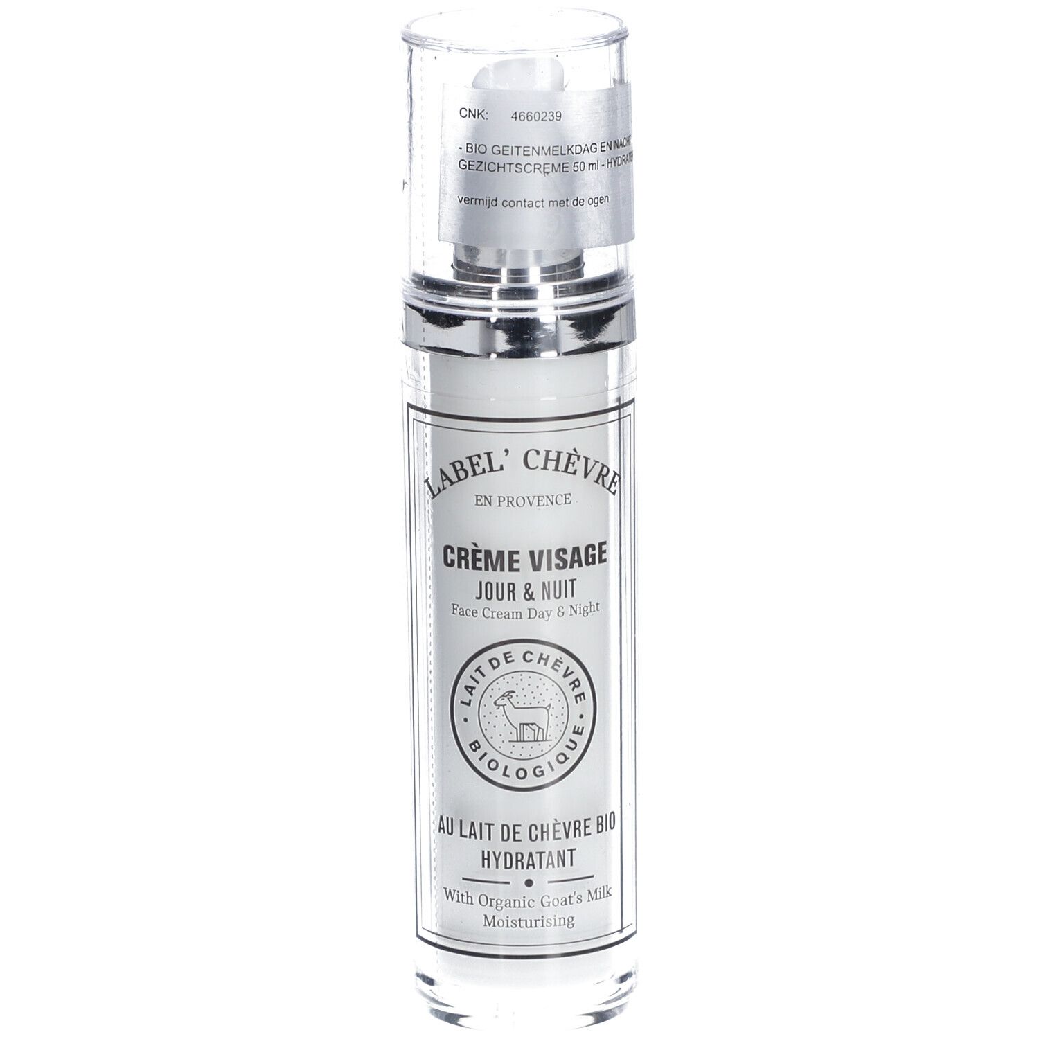 Flacon de crème avec étiquette. Texte: Crème Visage Jour & Nuit, Lait de Chèvre Biologique. Au lait de chèvre.