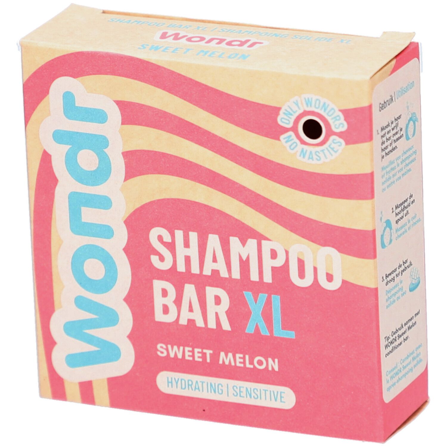 Boîte Wondr Shampoo Bar XL Sweet Melon. Rose et beige. Texte: Shampoo Bar XL, Sweet Melon, Hydrating, Sensitive. Logo: Only Wondrs, No Nasties.