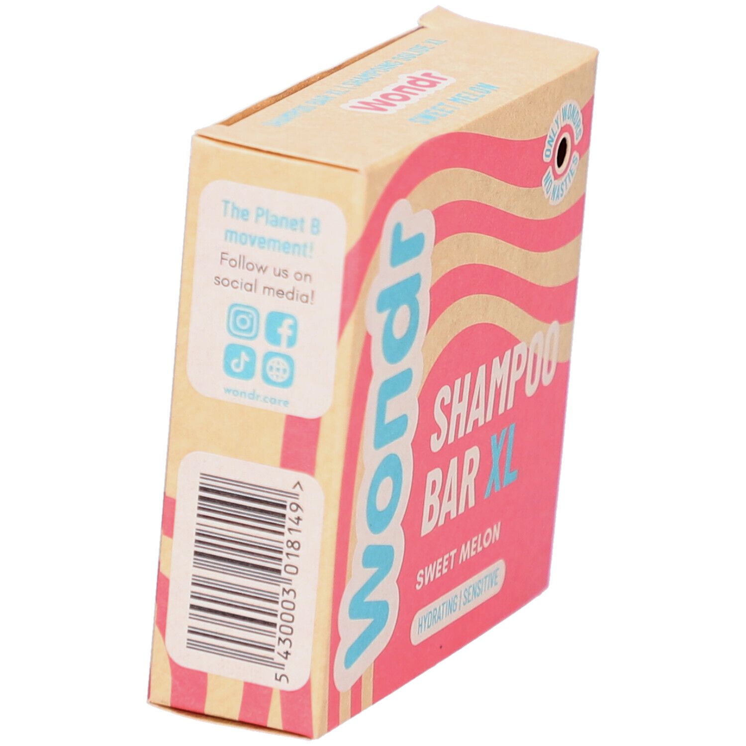 Emballage Wondr Shampoo Bar XL Sweet Melon. Rose et beige. Code-barres et icônes de médias sociaux. Texte: Shampoo Bar XL, Sweet Melon.
