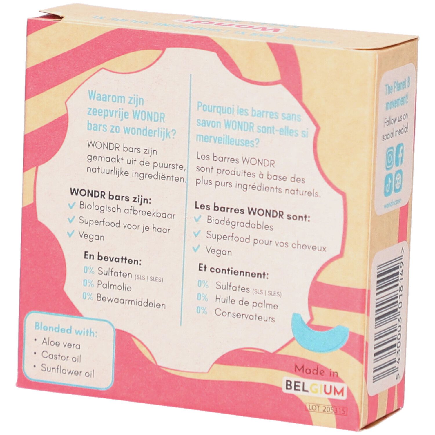 Dos de l'emballage Wondr Shampoo Bar XL. Texte en allemand et français sur les ingrédients et les avantages. Fabriqué en Belgique.