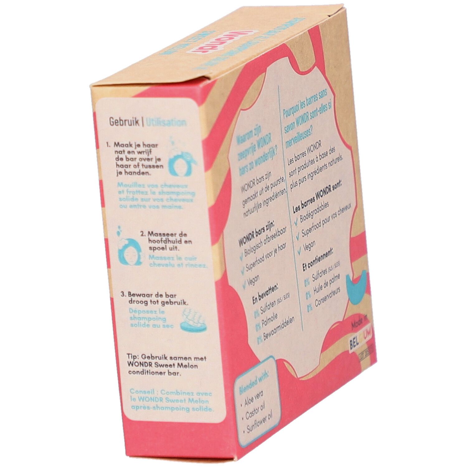 Côté de l'emballage Wondr Shampoo Bar XL. Instructions en allemand et français. Fabriqué en Belgique. Texte: Sweet Melon Conditioner Bar.