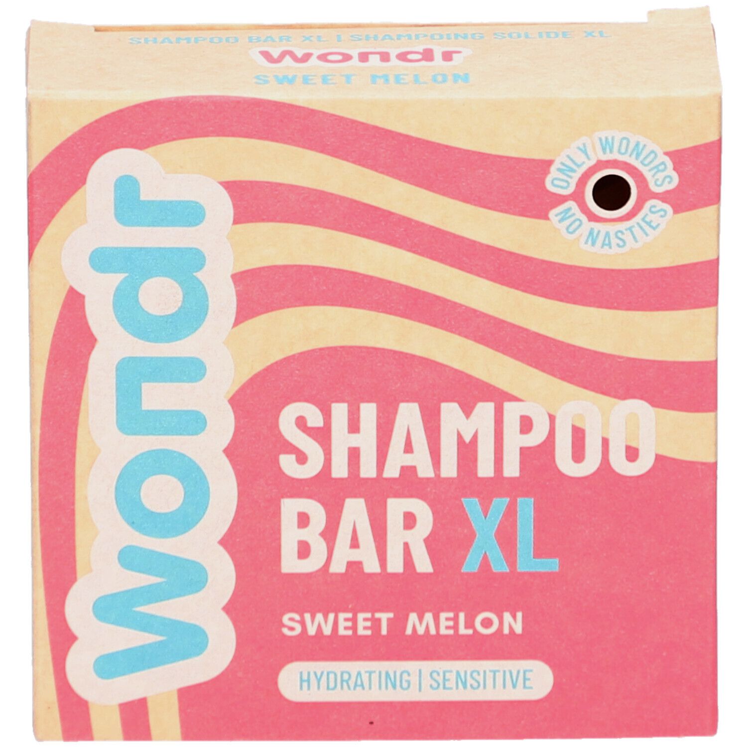 Emballage Wondr Shampoo Bar XL Sweet Melon. Rose et beige. Texte: Shampoo Bar XL, Sweet Melon, Hydrating, Sensitive. Logo: Only Wondrs, No Nasties.
