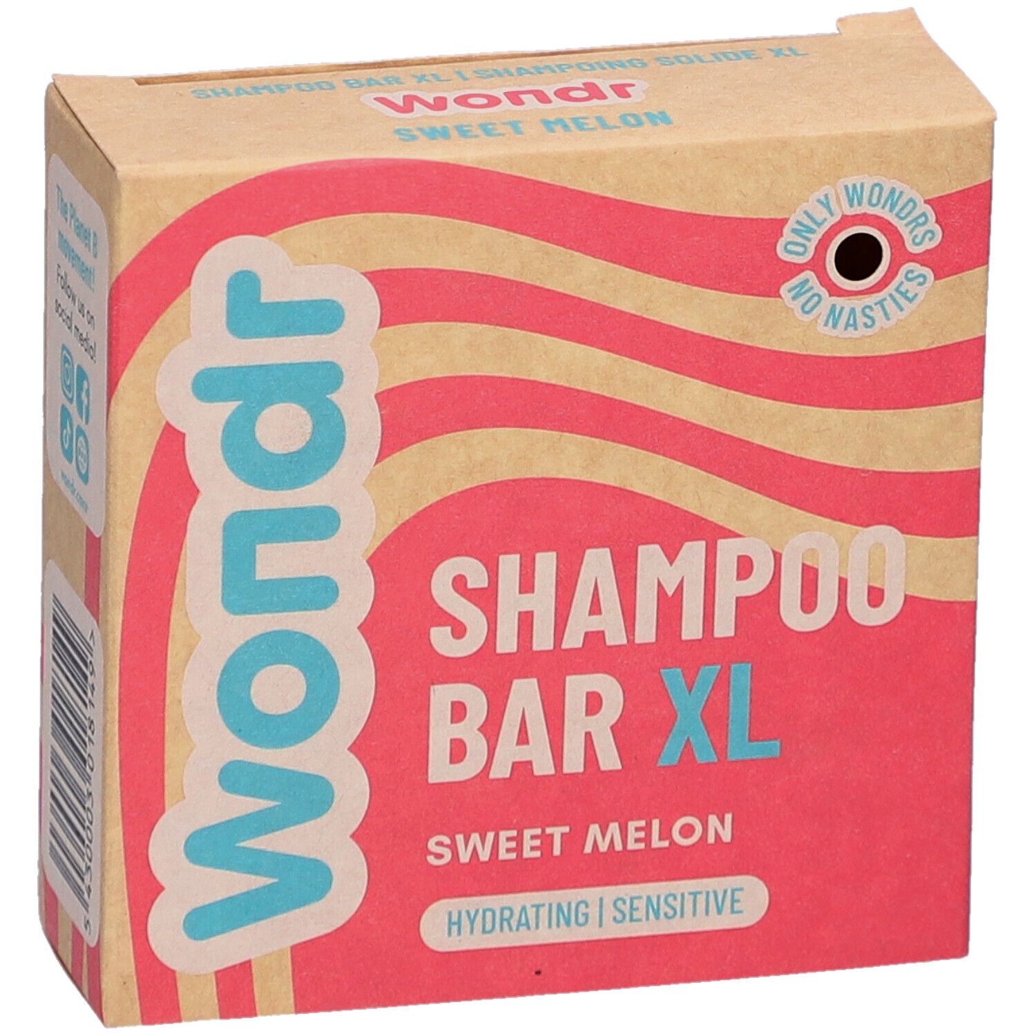Emballage Wondr Shampoo Bar XL Sweet Melon. Rose et beige. Texte: Shampoo Bar XL, Sweet Melon, Hydrating, Sensitive. Logo: Only Wondrs, No Nasties.