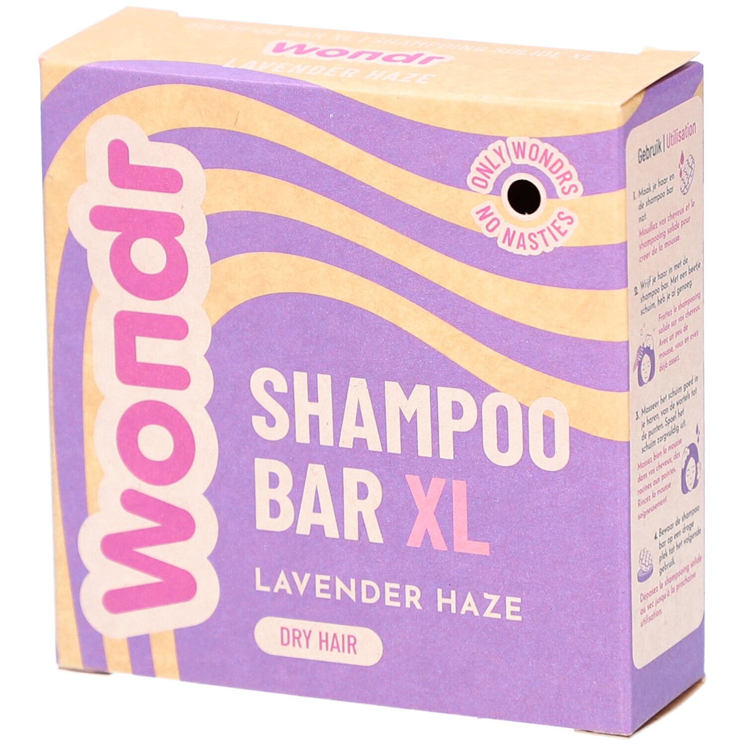 Boîte en carton. Motif vagues violettes et jaunes. Texte: Shampoo Bar XL, Lavender Haze, Dry Hair. Marque: Wondr.