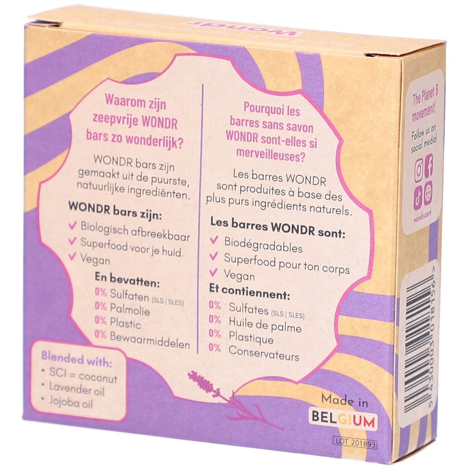 Dos de la boîte en carton. Texte en allemand et français. Ingrédients. Fabriqué en Belgique. Marque: Wondr.