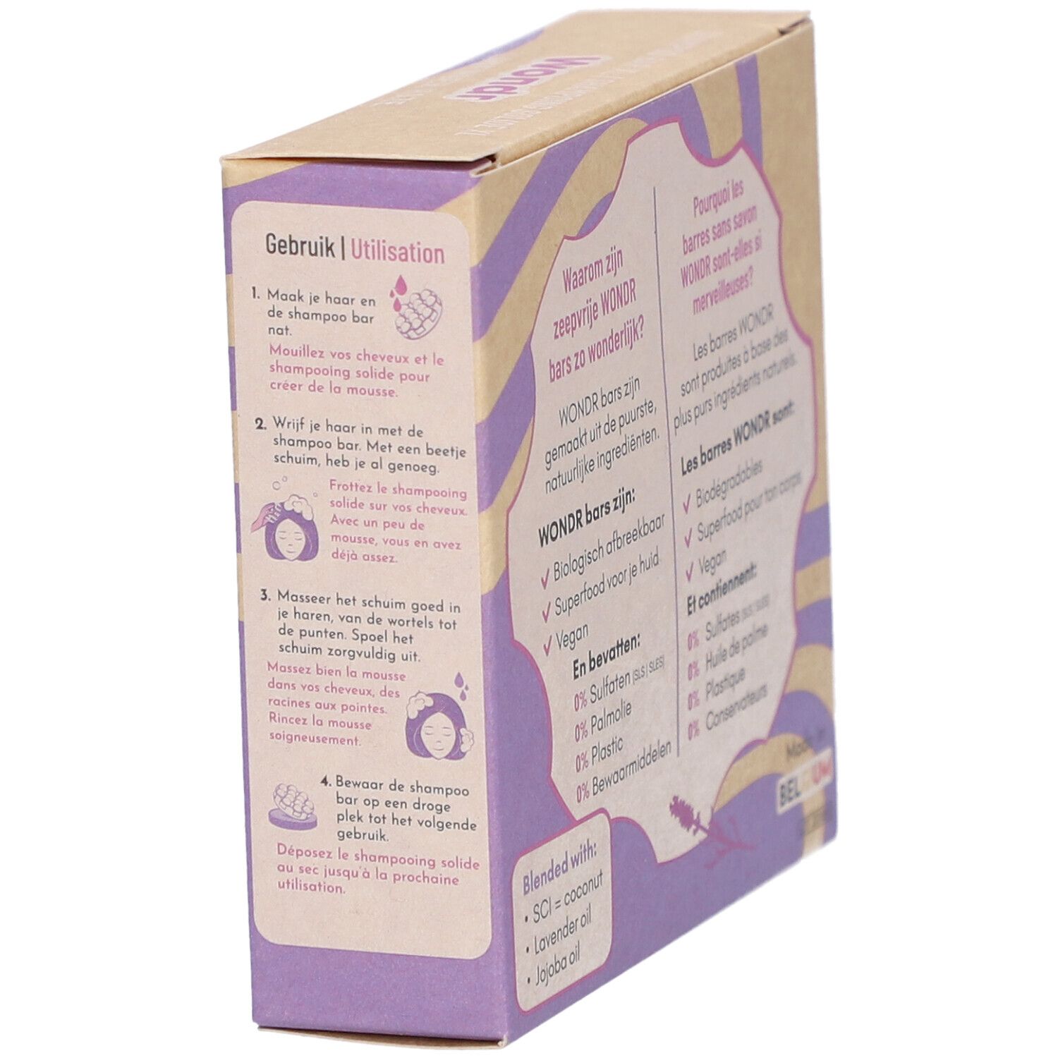 Côté de la boîte en carton avec instructions d'utilisation. Texte en allemand et français. Marque: Wondr. Fabriqué en Belgique.