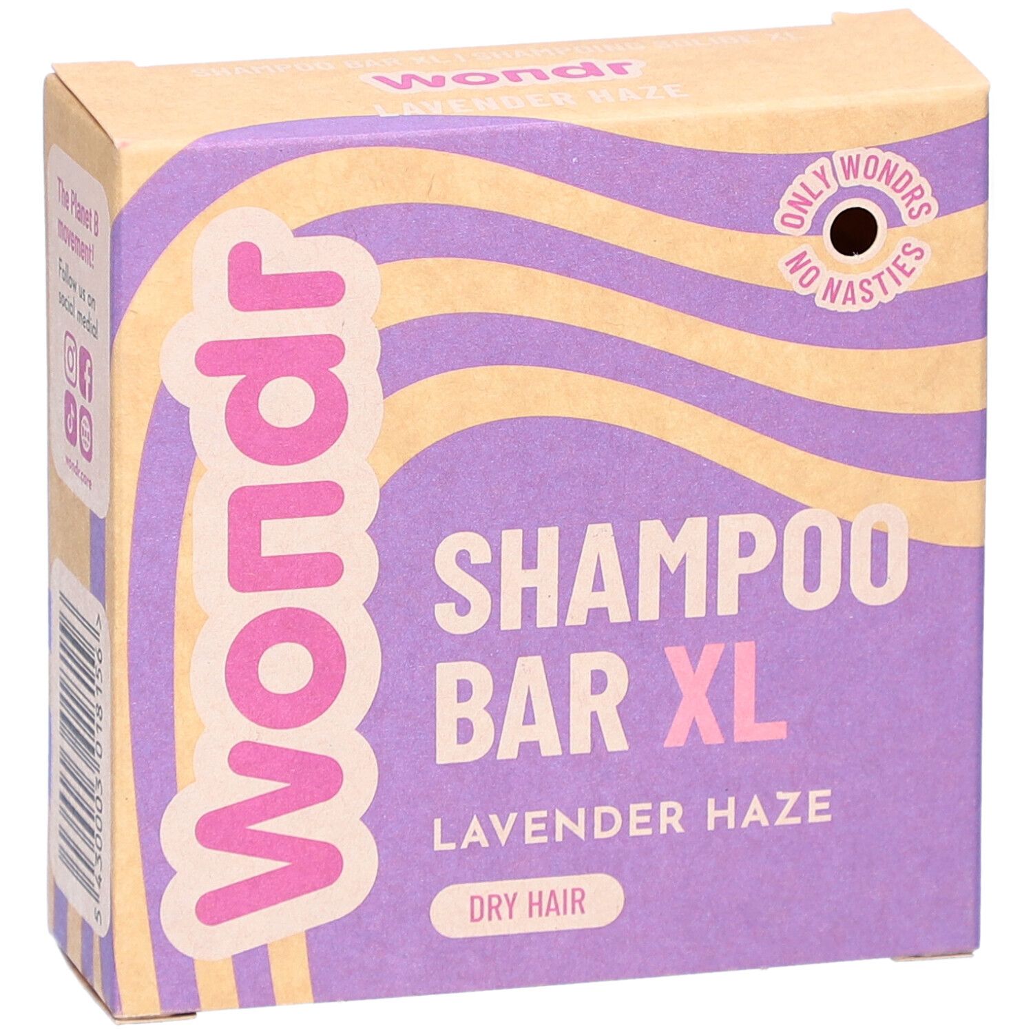 Boîte en carton, vue de face. Motifs vagues violettes et jaunes. Texte: Shampoo Bar XL, Lavender Haze, Dry Hair. Marque: Wondr.