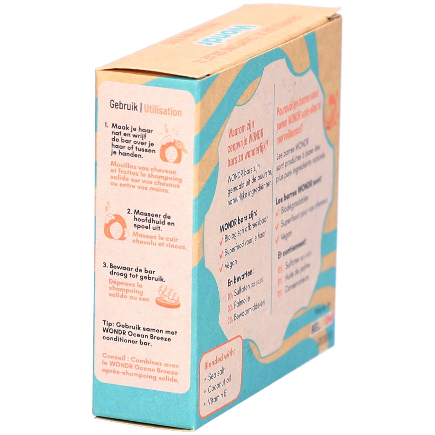 Boîte en carton. Instructions d'utilisation et texte sur les avantages des barres Wondr. Fabriqué en Belgique.