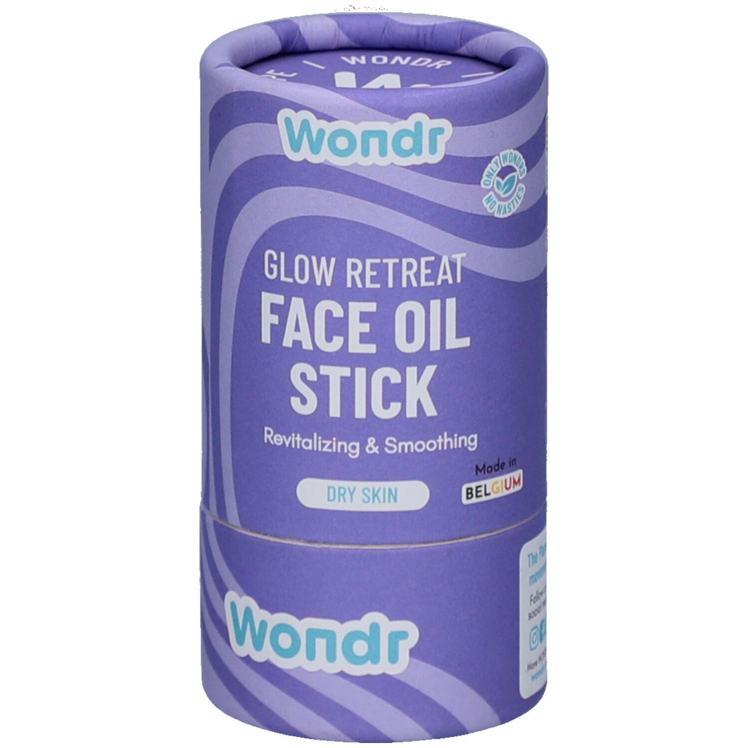 Emballage cylindrique. Inscription : Glow Retreat Face Oil Stick. Couleur : violet. Peau sèche. Marque : Wondr. Fabriqué en Belgique.