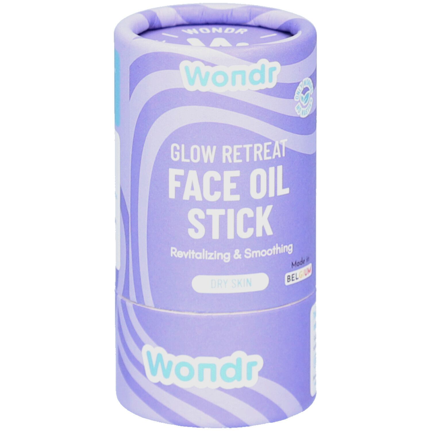 Emballage cylindrique. Inscription : Glow Retreat Face Oil Stick. Couleur : violet. Peau sèche. Marque : Wondr. Fabriqué en Belgique.
