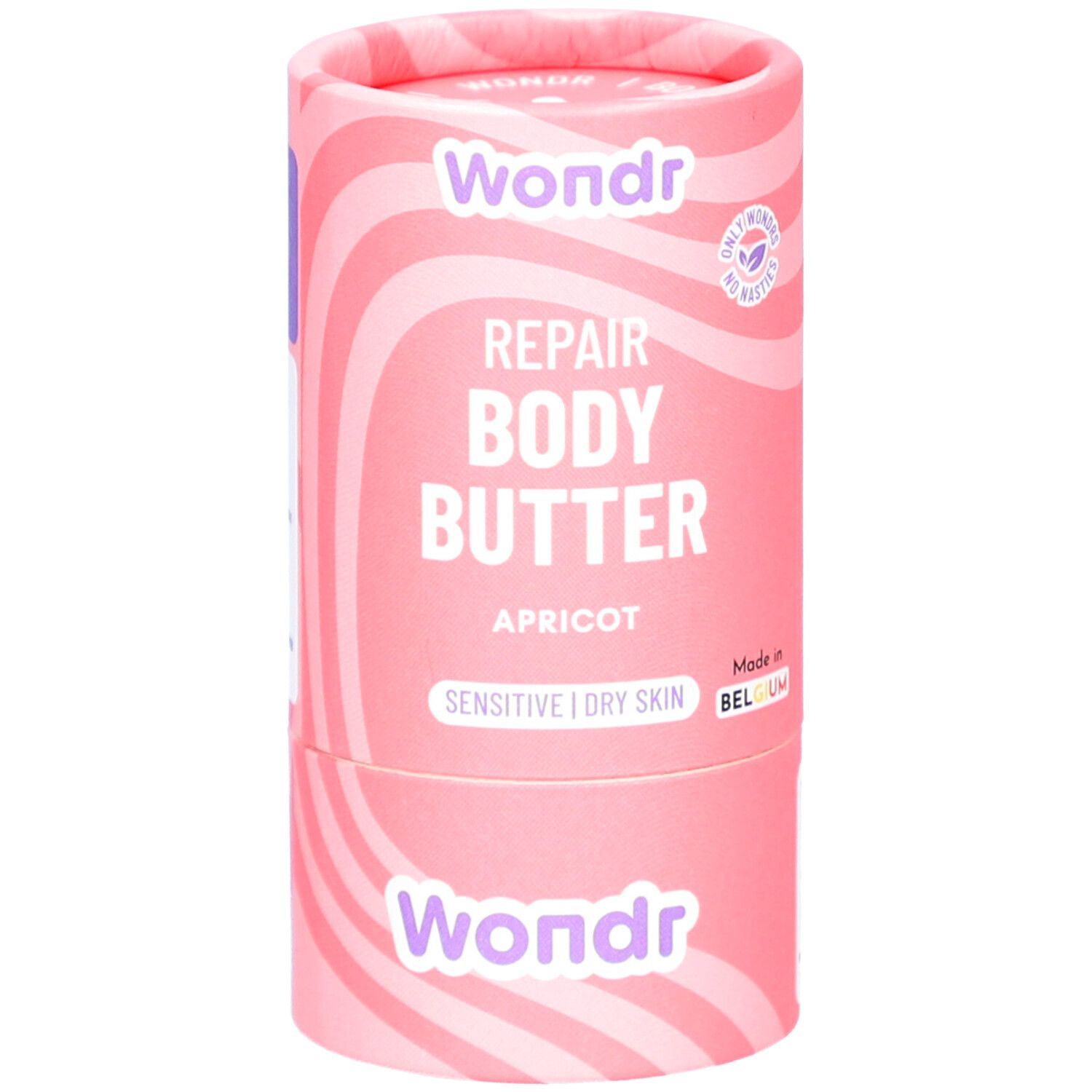 Emballage cylindrique rose à motifs ondulés. Inscription: Wondr, Repair Body Butter, Abricot. Pour peaux sensibles/sèches.