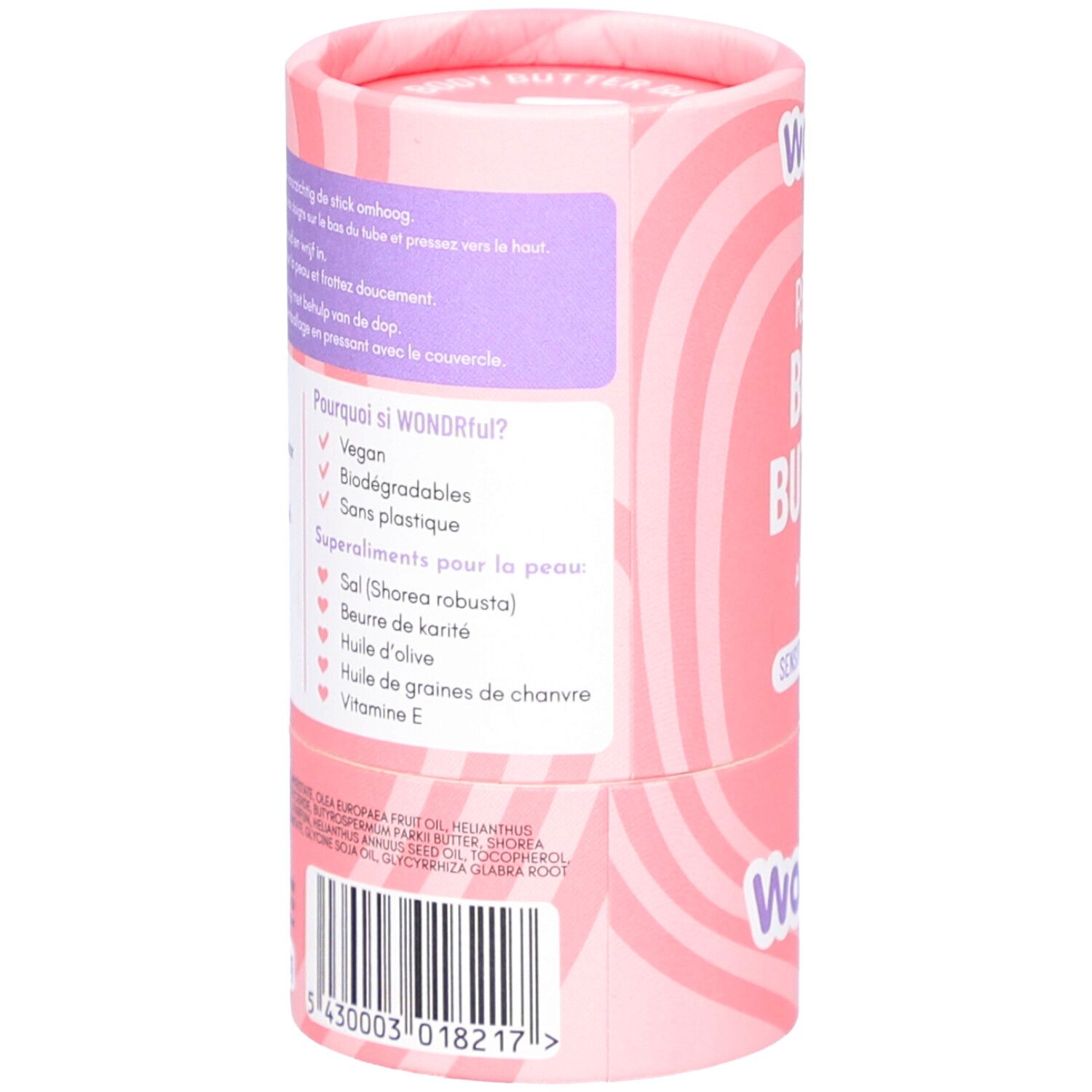 Emballage cylindrique rose. Texte: Ingrédients, instructions d'utilisation, Pourquoi Wondr? Vegan, biodégradable, sans plastique.
