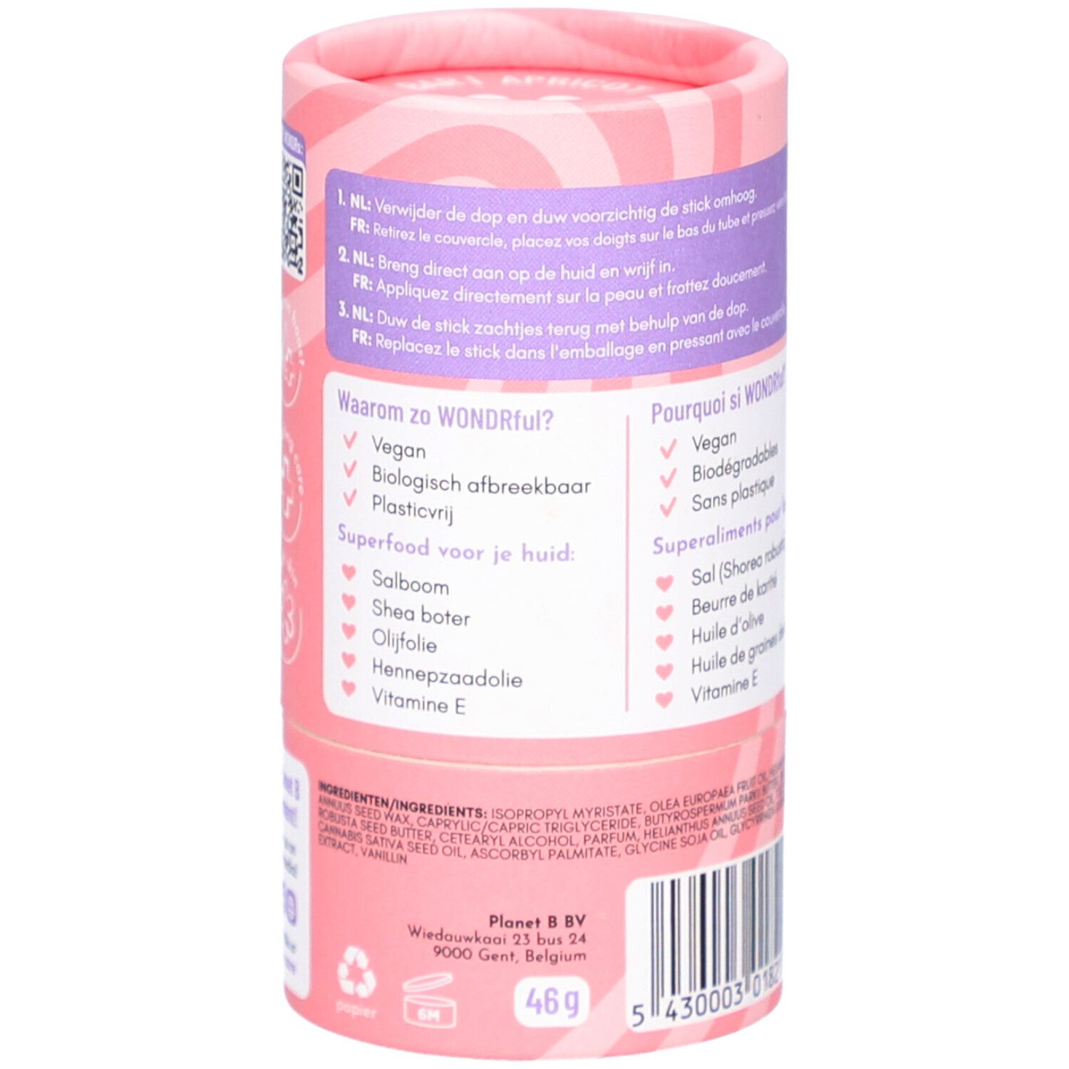 Emballage cylindrique rose. Texte: Ingrédients, instructions d'utilisation, Pourquoi Wondr? Vegan, biodégradable, sans plastique.