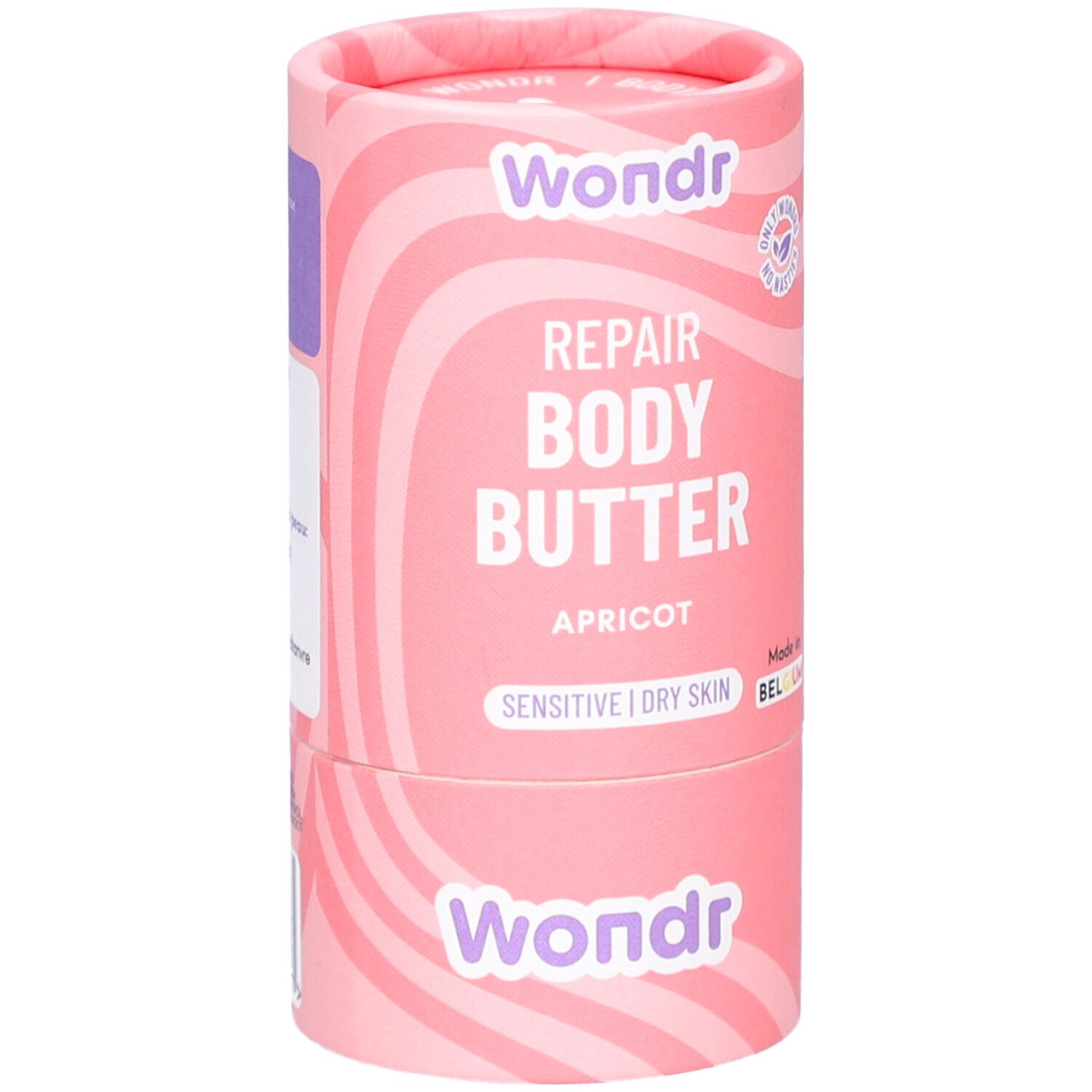 Emballage cylindrique rose à motifs ondulés. Inscription: Wondr, Repair Body Butter, Abricot. Pour peaux sensibles/sèches.