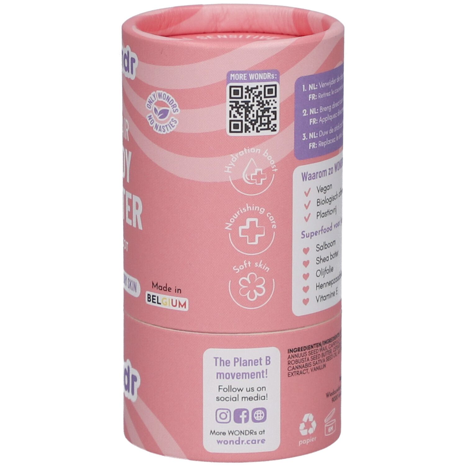 Emballage cylindrique rose. Texte: Instructions d'utilisation, Pourquoi Wondr? Vegan, biodégradable, sans plastique. Code QR.
