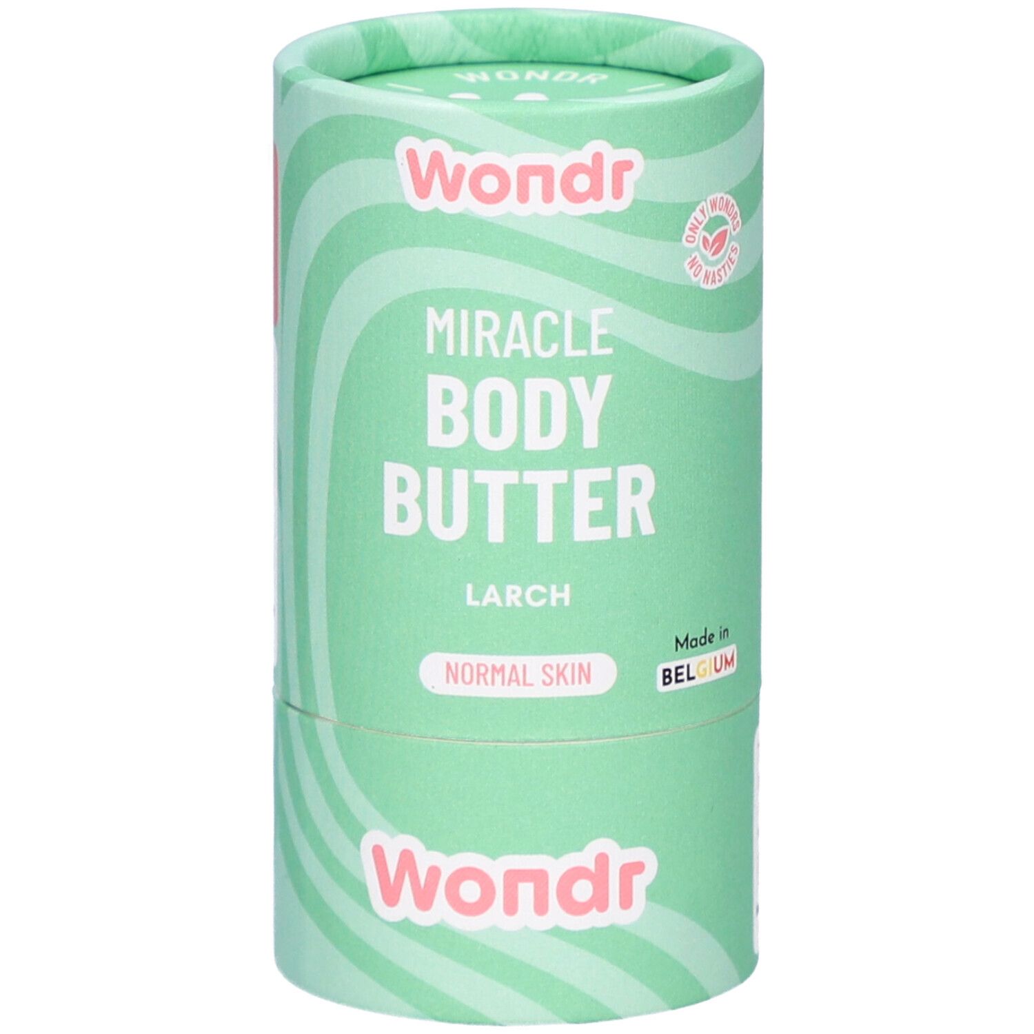 Emballage cylindrique vert. Inscriptions: Wondr, Miracle Body Butter, Larch, Normal Skin. Fabriqué en Belgique. Motif ondulé.