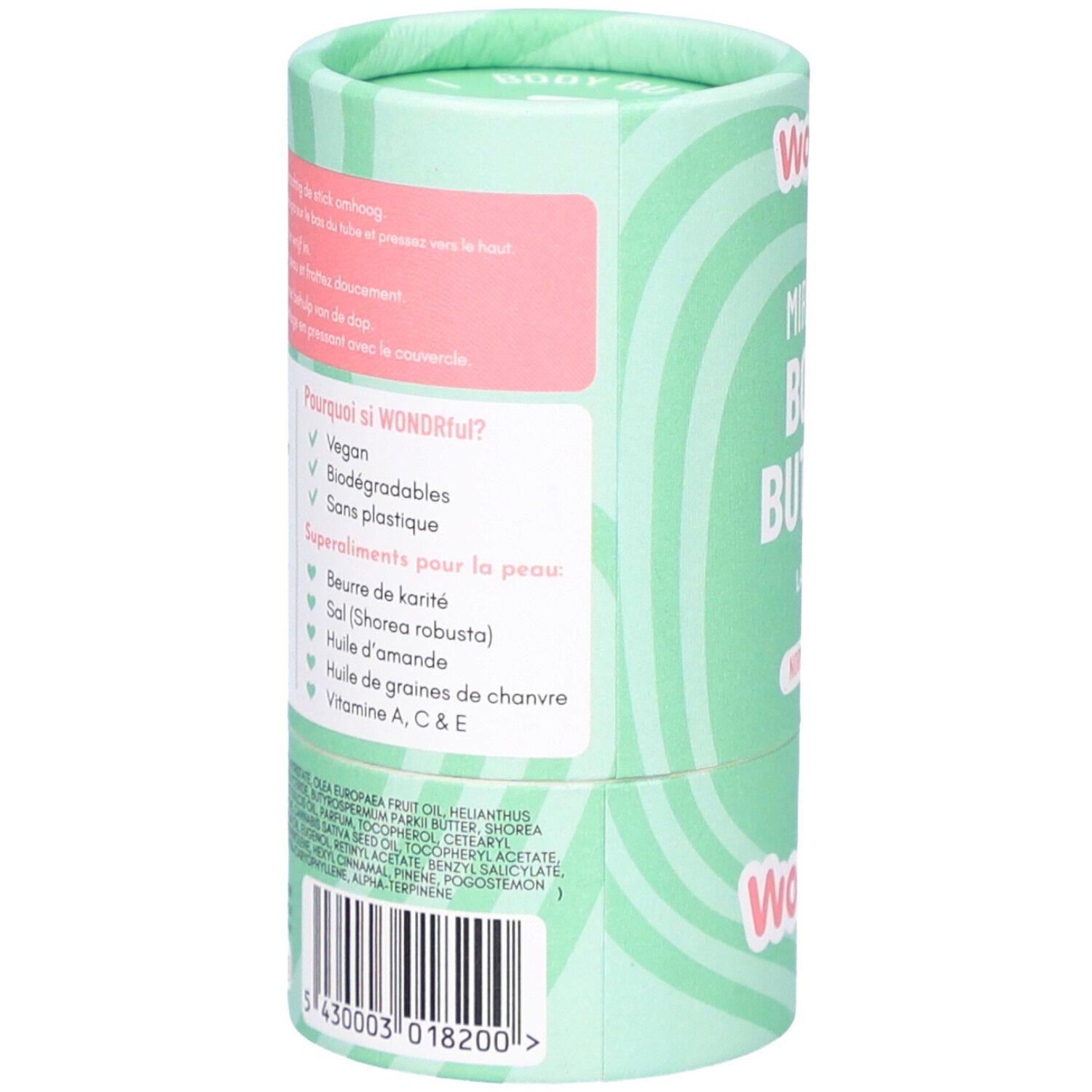 Dos de l'emballage cylindrique. Texte: Pourquoi si Wondr? Ingrédients. Vegan, biodégradable, sans plastique.