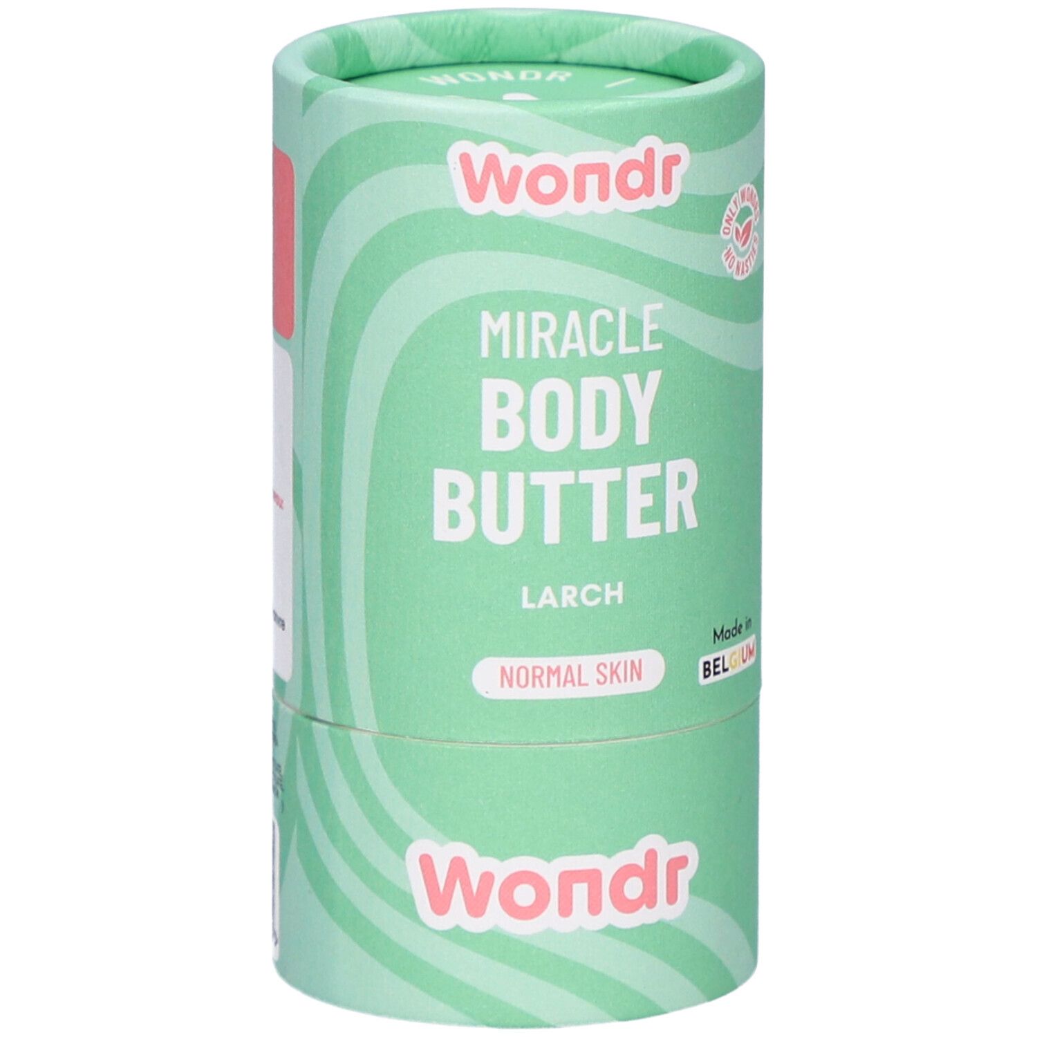Emballage cylindrique vert. Inscriptions: Wondr, Miracle Body Butter, Larch, Normal Skin. Fabriqué en Belgique. Motif ondulé.