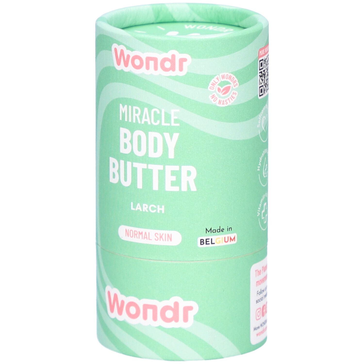 Emballage cylindrique vert. Inscriptions: Wondr, Miracle Body Butter, Larch, Normal Skin. Fabriqué en Belgique. QR code.